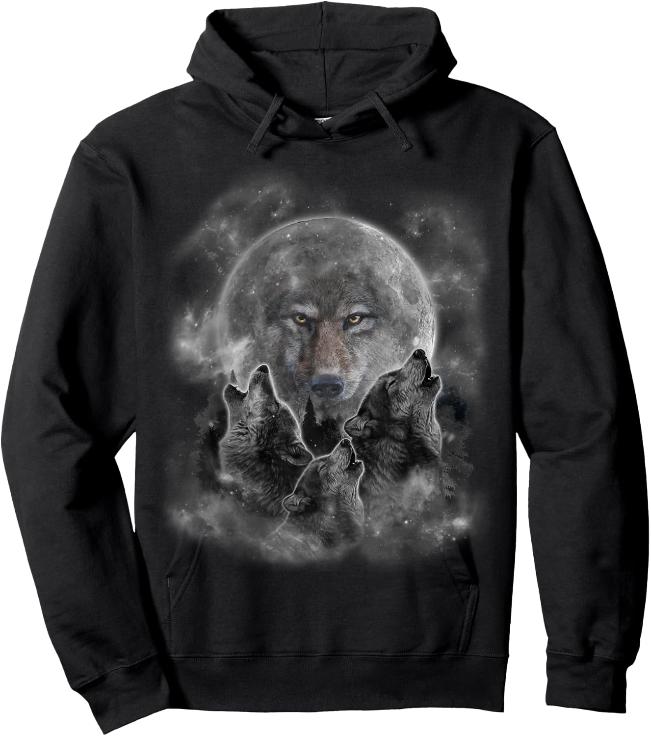 Three Wolves Howling, Full Moon w Wolf Silhouette Hoodie - Hoodie | Black