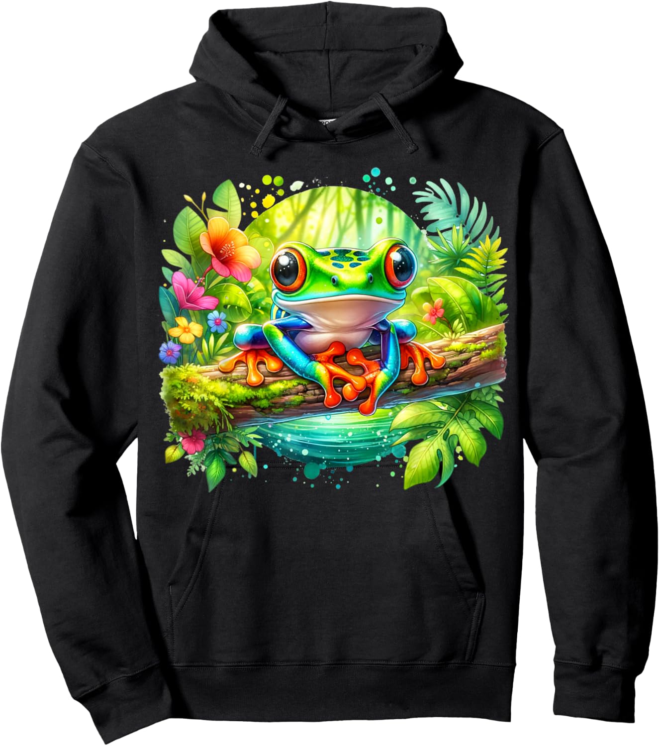 Cute Red Eyed Tree Frog In Vibrant Tropical Jungle Setting Hoodie - Hoodie | Black