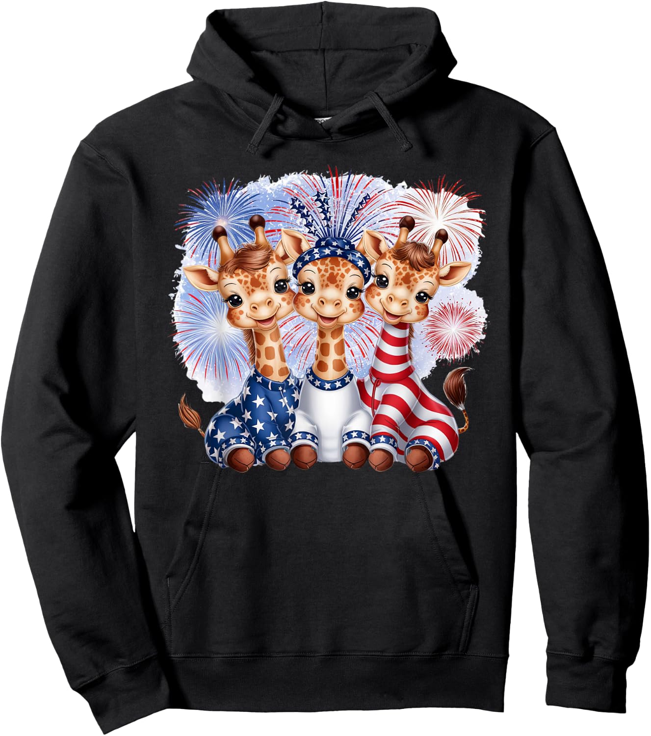 Giraffe 4th of July Party Patriotic Fireworks America Flag Hoodie - Hoodie | Black