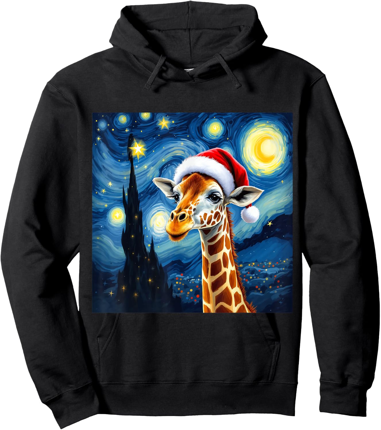 Christmas Giraffe Santa Hat Van Gogh Starry Night Holiday Hoodie - Hoodie | Black