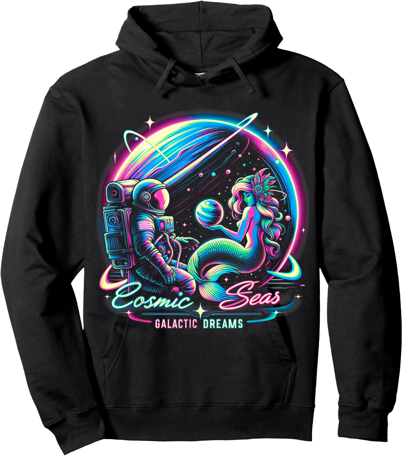 Cosmic Encounter - Astronaut Meets Space Mermaid Psychedelic Hoodie - Hoodie | Black