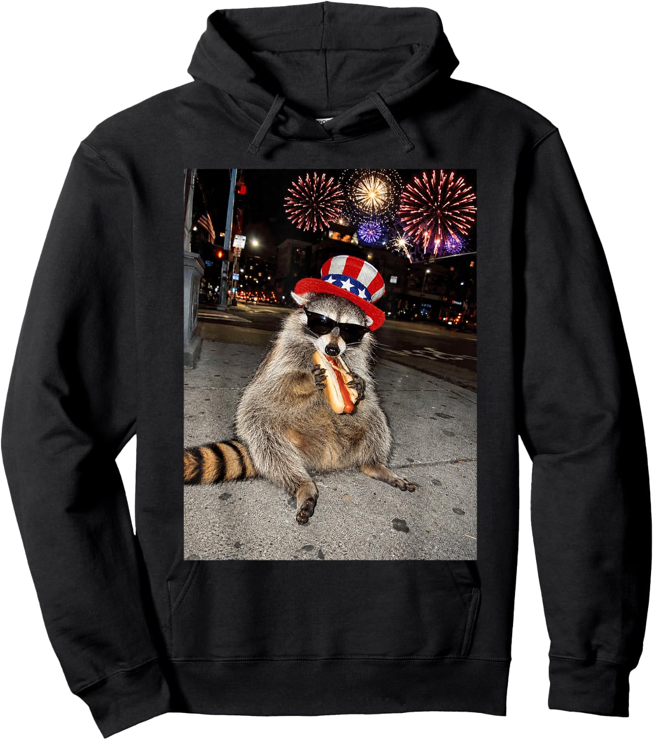 Funny Raccoon Eating Hot Dog 4th of July Men Women Kids Hoodie - Hoodie | Black