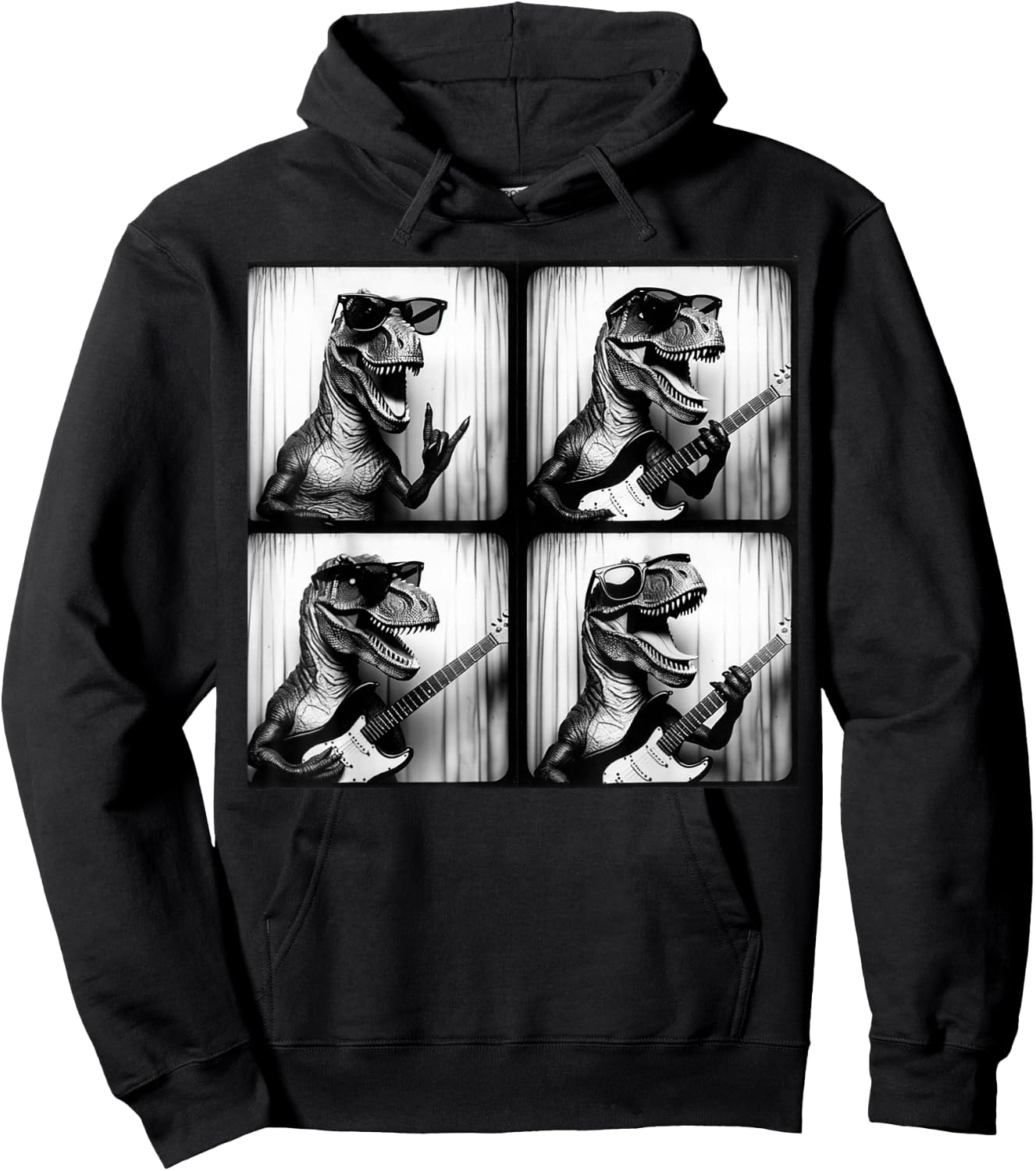 Dinosaur T rex Playing Electric Guitar. Dinosaur Photobooth Hoodie - Hoodie | Black