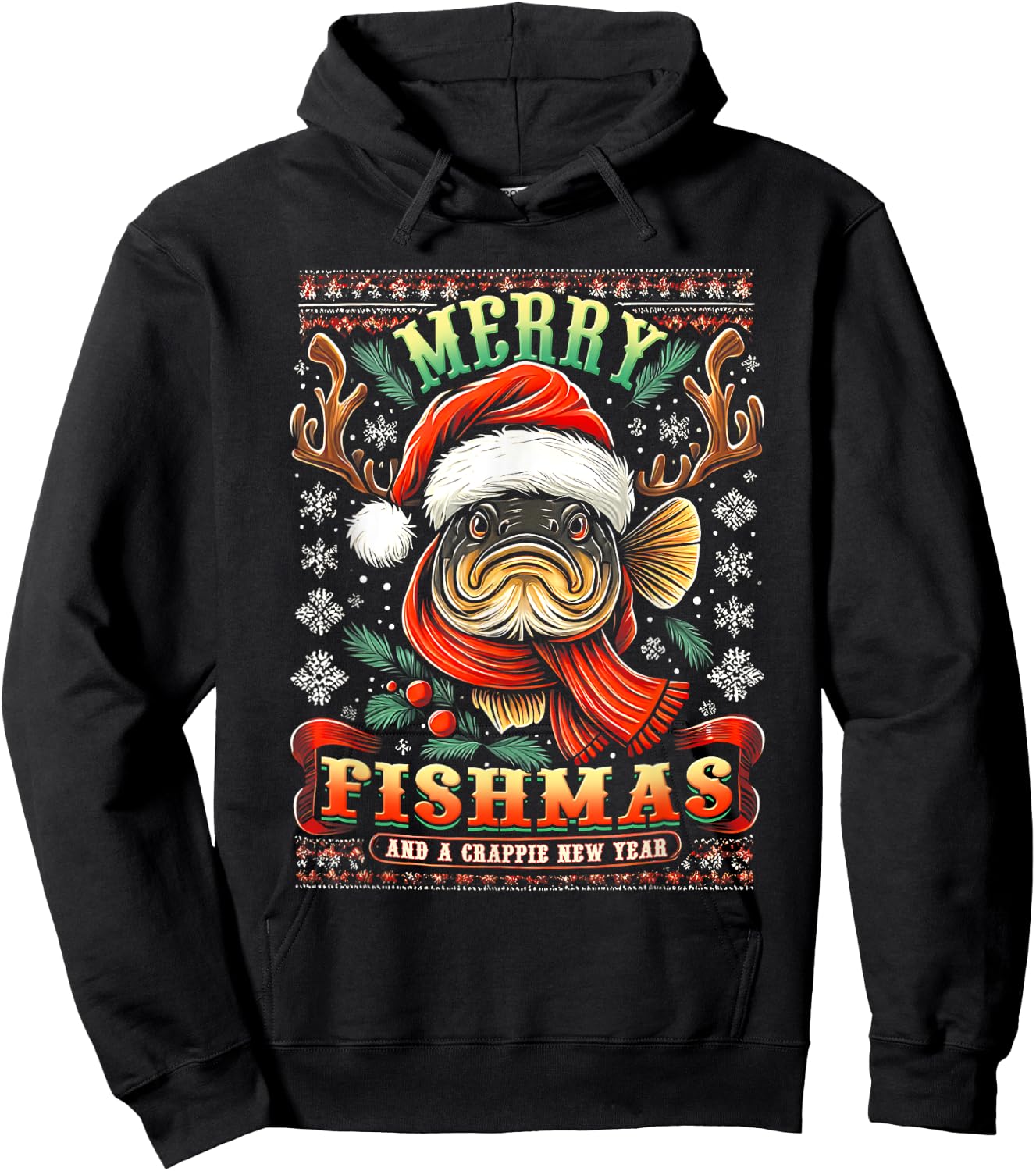 Merry Fishmas And A Crappie New Year Funny Fishing Saying Hoodie - Hoodie | Black