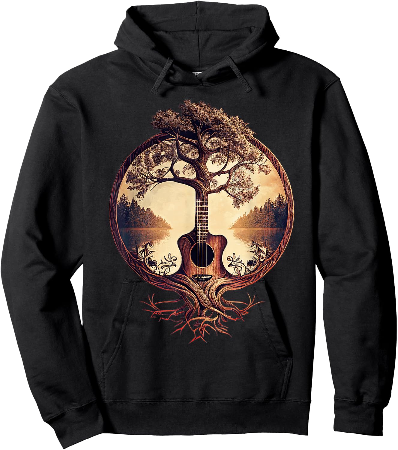 Acoustic Guitar Tree at the Edge of the Lake for Guitarist , Black, S Hoodie - Hoodie | Black