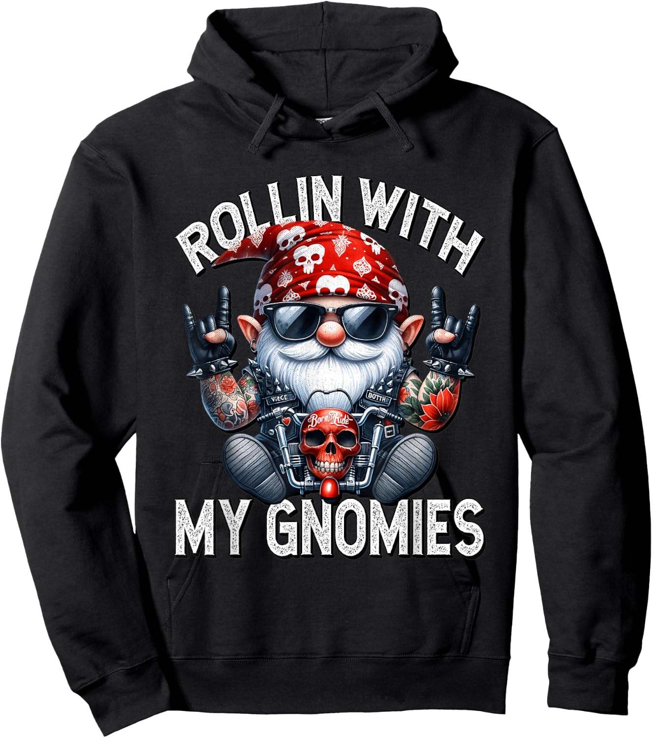 Funny Motorcycle Gnome For Biker Dad Rollin With My Gnomies Hoodie - Hoodie | Black