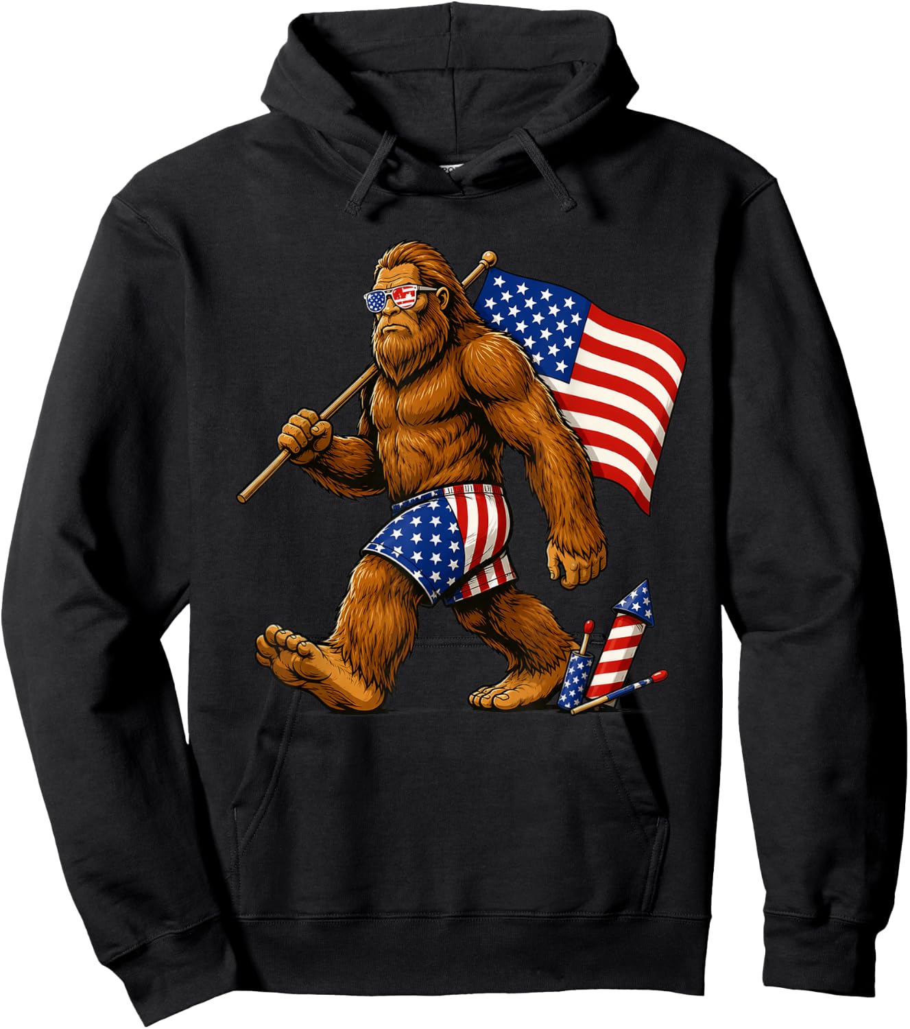 Bigfoot Sasquatch American Flag Fireworks Patriotic Hoodie - Hoodie | Black
