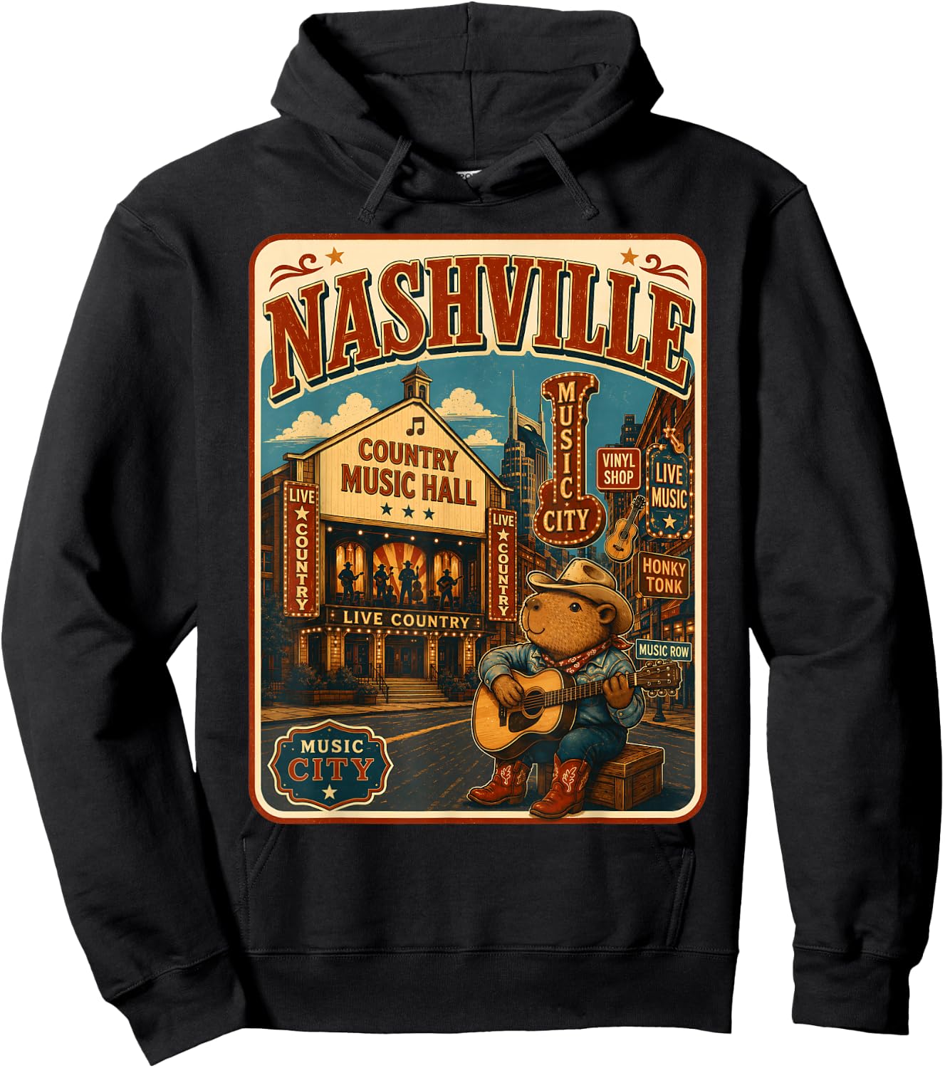Nashville Capybara Travel Postcard Country Guitar Hoodie - Hoodie | Black