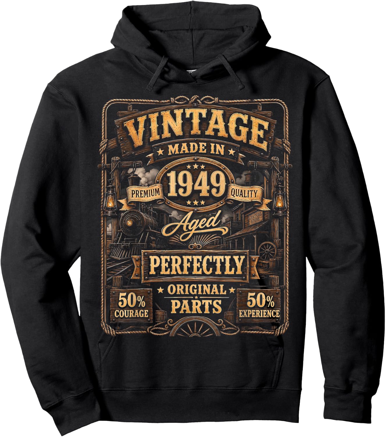 Vintage Made in 1949 Western Train Born in 1949 Birthday Hoodie - Hoodie | Black