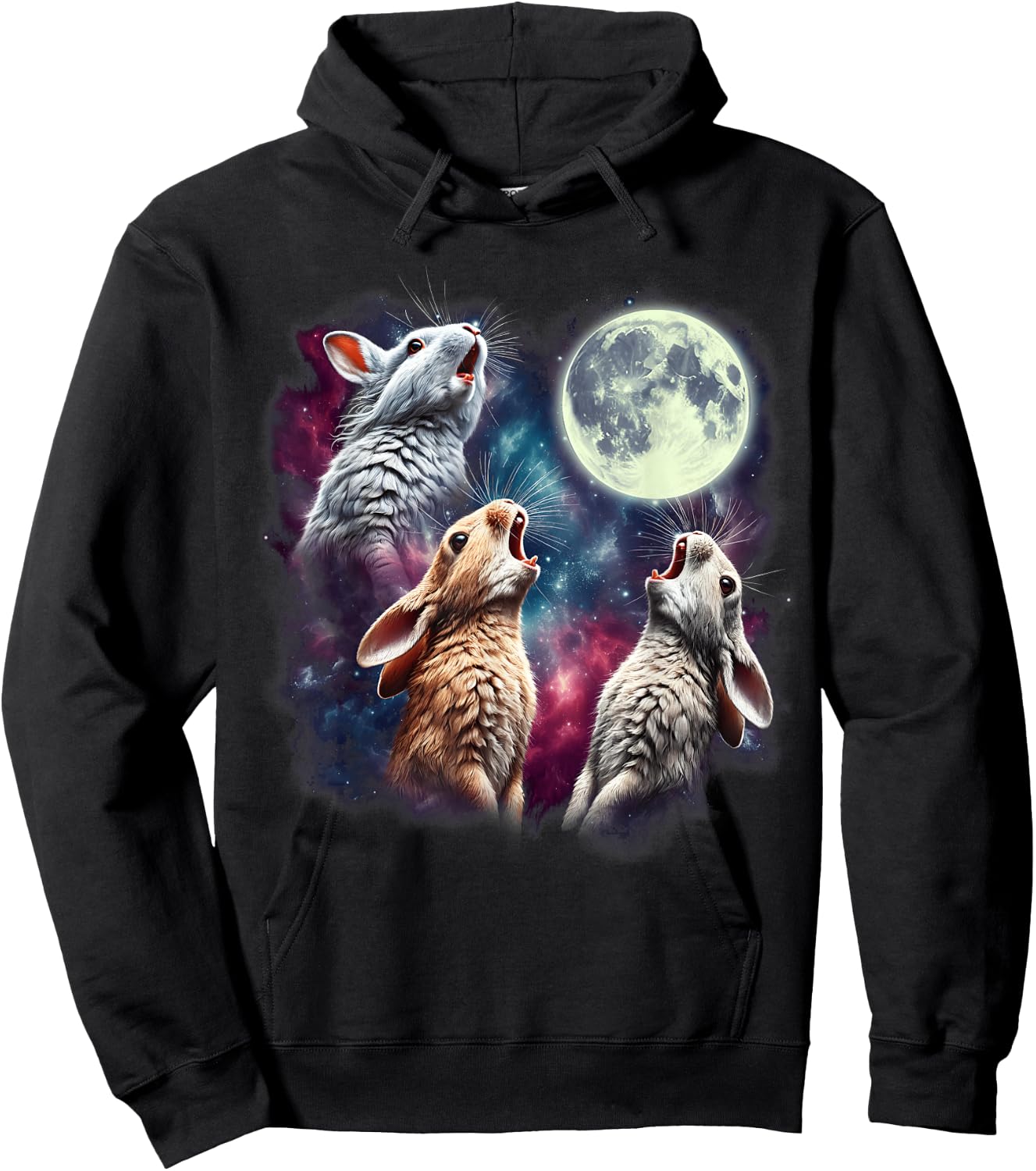 Three Rabbits Howling at Moon Funny Bunny Weird Cursed Meme Hoodie - Hoodie | Black