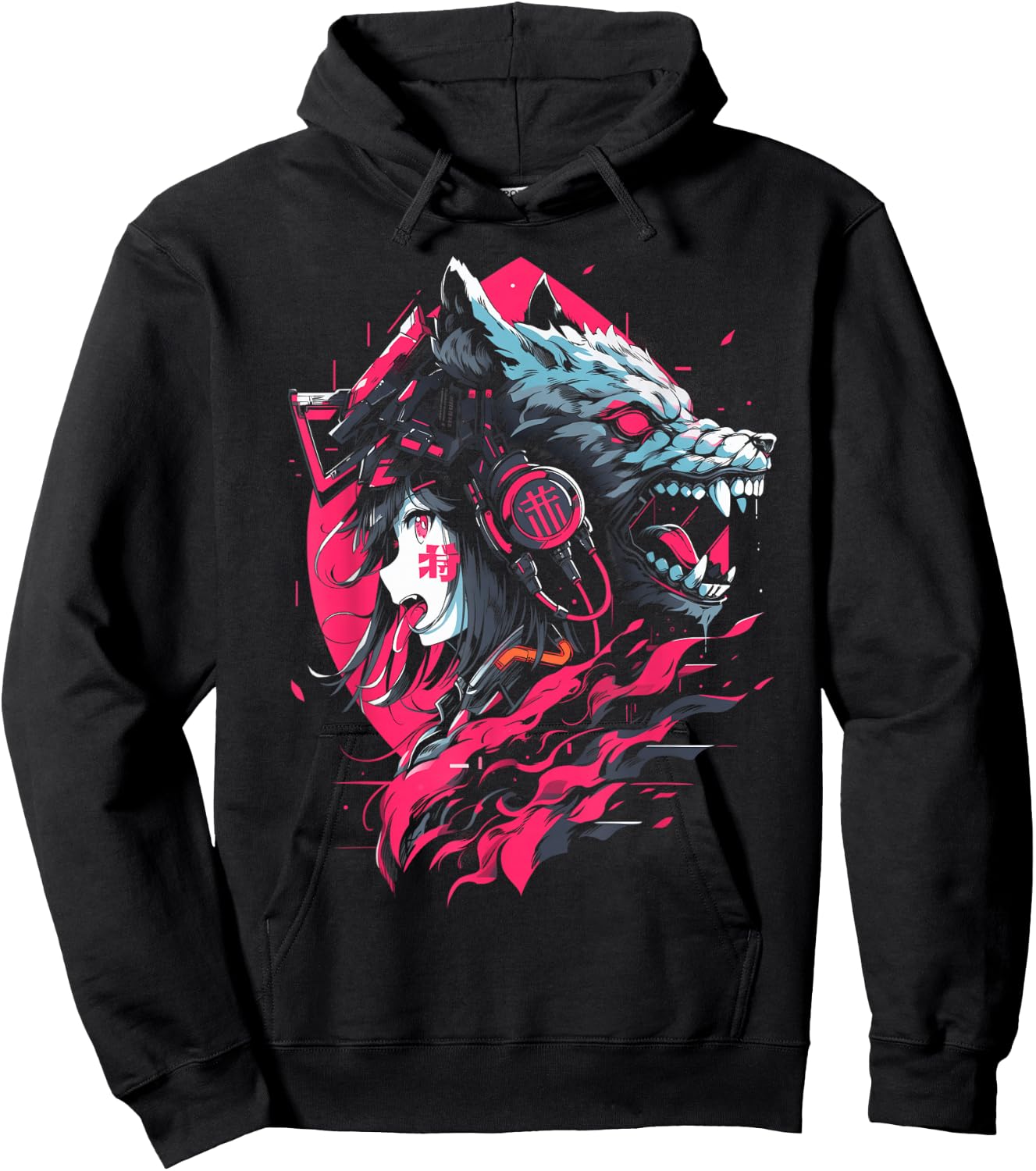 Anime Manga Cyberpunk Aesthetic Techwear Harajuku Wolf , black Hoodie - Hoodie | Black