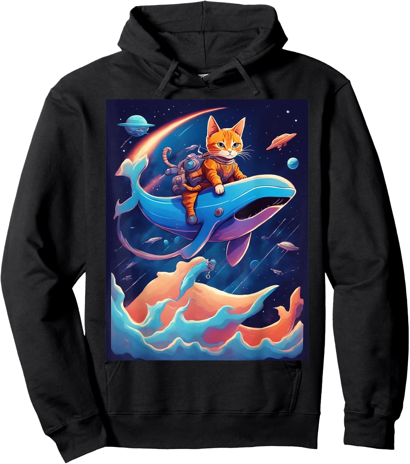 Cat Riding a Whale Fantasy Scene Hoodie - Hoodie | Black