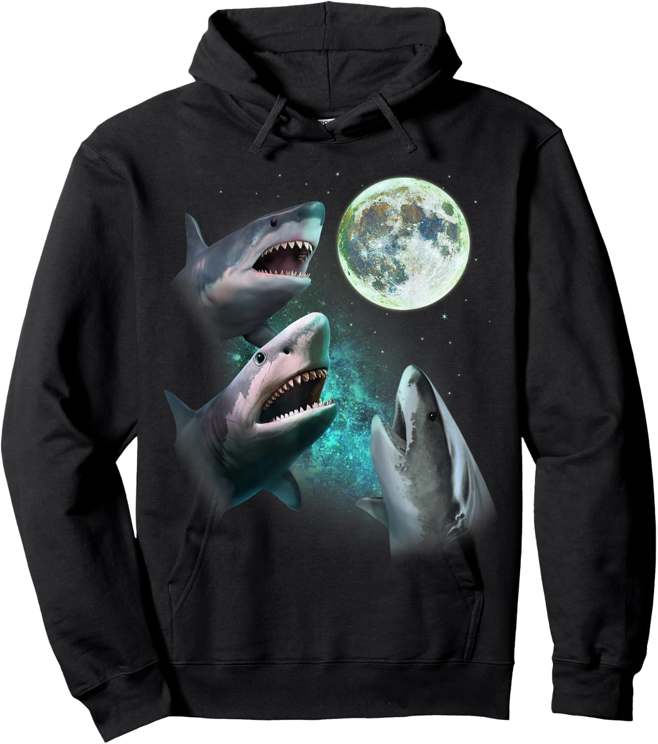 Three Great White Sharks Howl at Moon 3 Wolfs Funny Parody Hoodie - Hoodie | Black