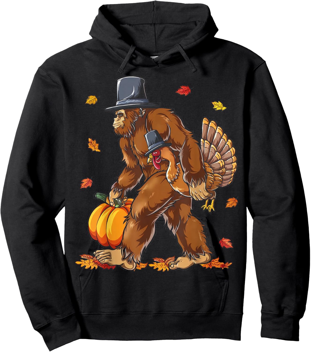 Bigfoot Pilgrim Turkey Pumpkin Funny Thanksgiving Sasquatch Hoodie - Hoodie | Black