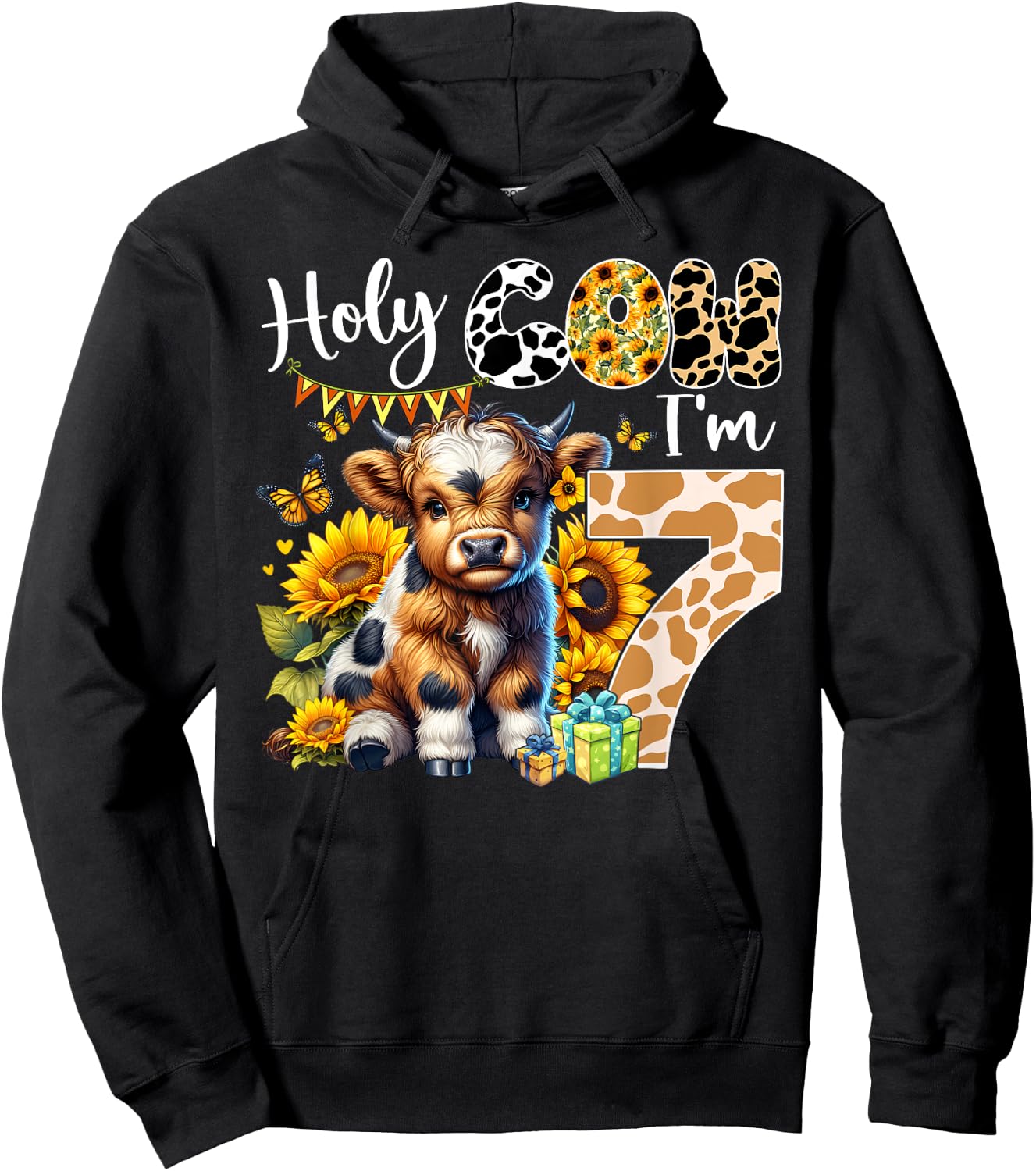 Holy Cow I’m 7 Years Old Dairy Cow Sunflowers 7th Birthday Hoodie - Hoodie | Black