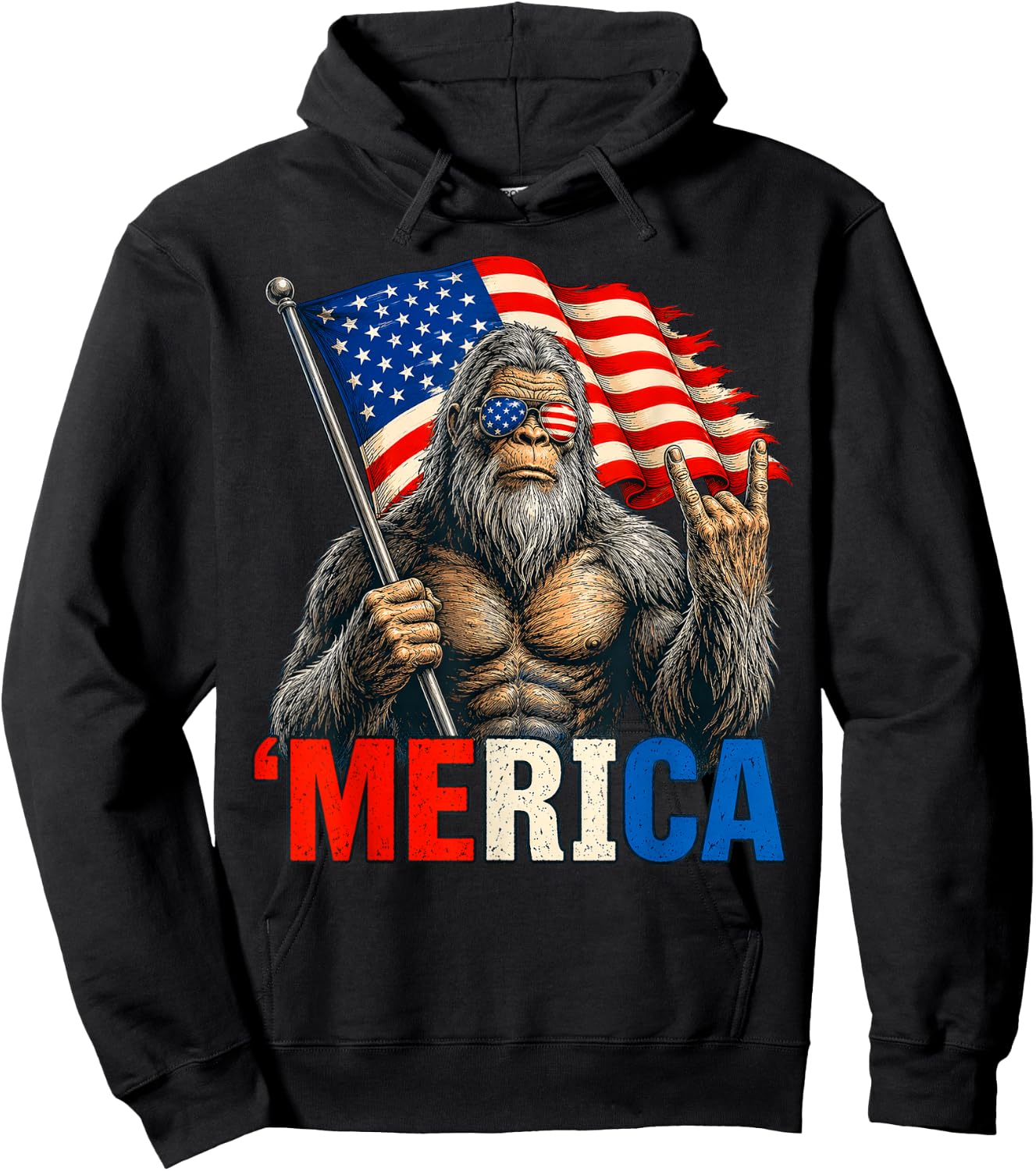 Bigfoot Merica Rock American Flag Patriotic 4th of July Hoodie - Hoodie | Black