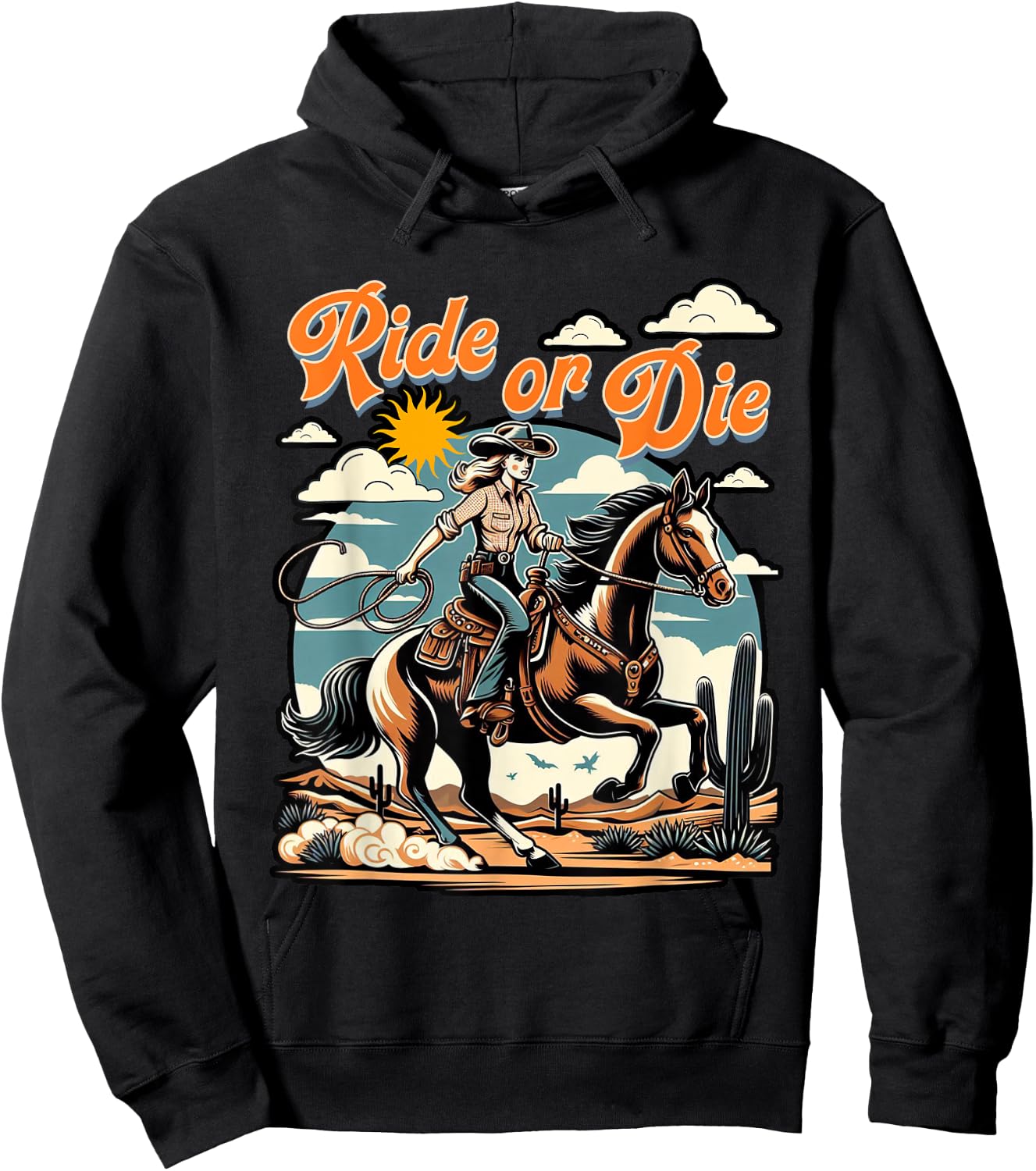 Vintage 1950s Cowgirl Horse Ride Or Die Country Western Life Hoodie - Hoodie | Black