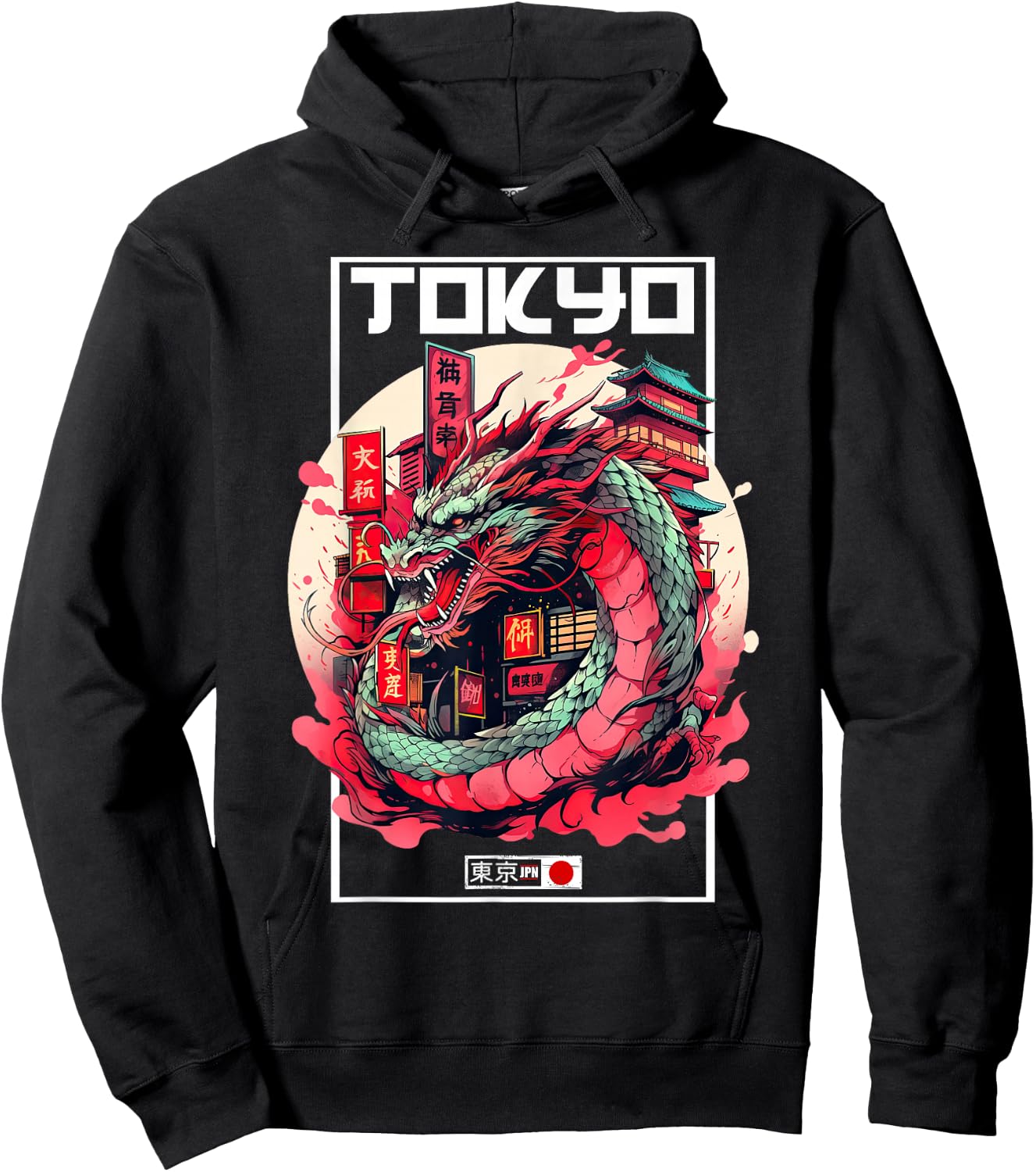 Tokyo Asian inspired vintage style 80s retro Japanese Dragon Hoodie - Hoodie | Black