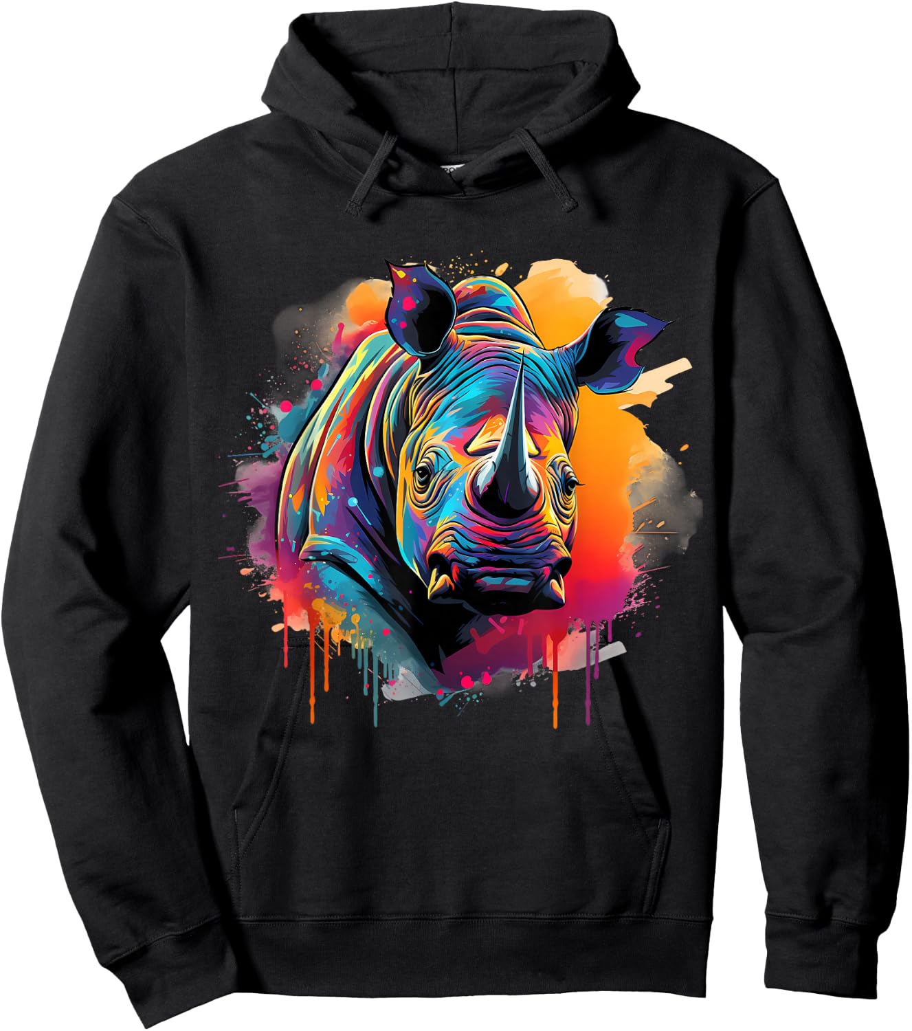 Rhinoceros Artwork Portrait Animal Art Colorful Splash Rhino Hoodie - Hoodie | Black