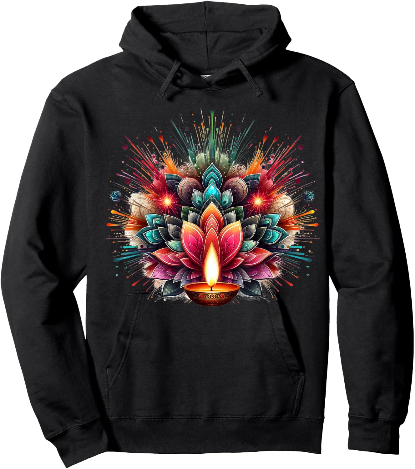 PV Mata Diwali Diya Explosion of Colors -Adults , Black, Small, Short Sleeve Hoodie - Hoodie | Black