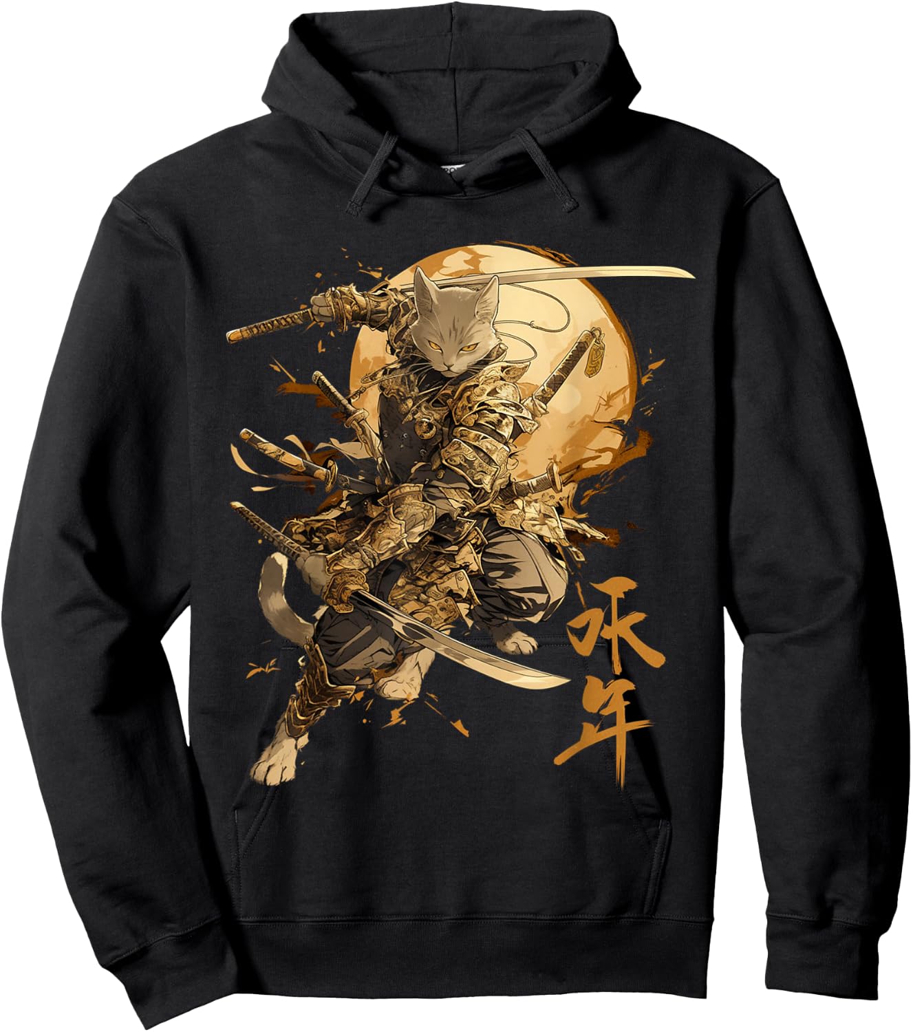 Japanese Art Cat Ninja Ukiyo-e Anime Style Samurai Cat , Black, S Hoodie - Hoodie | Black