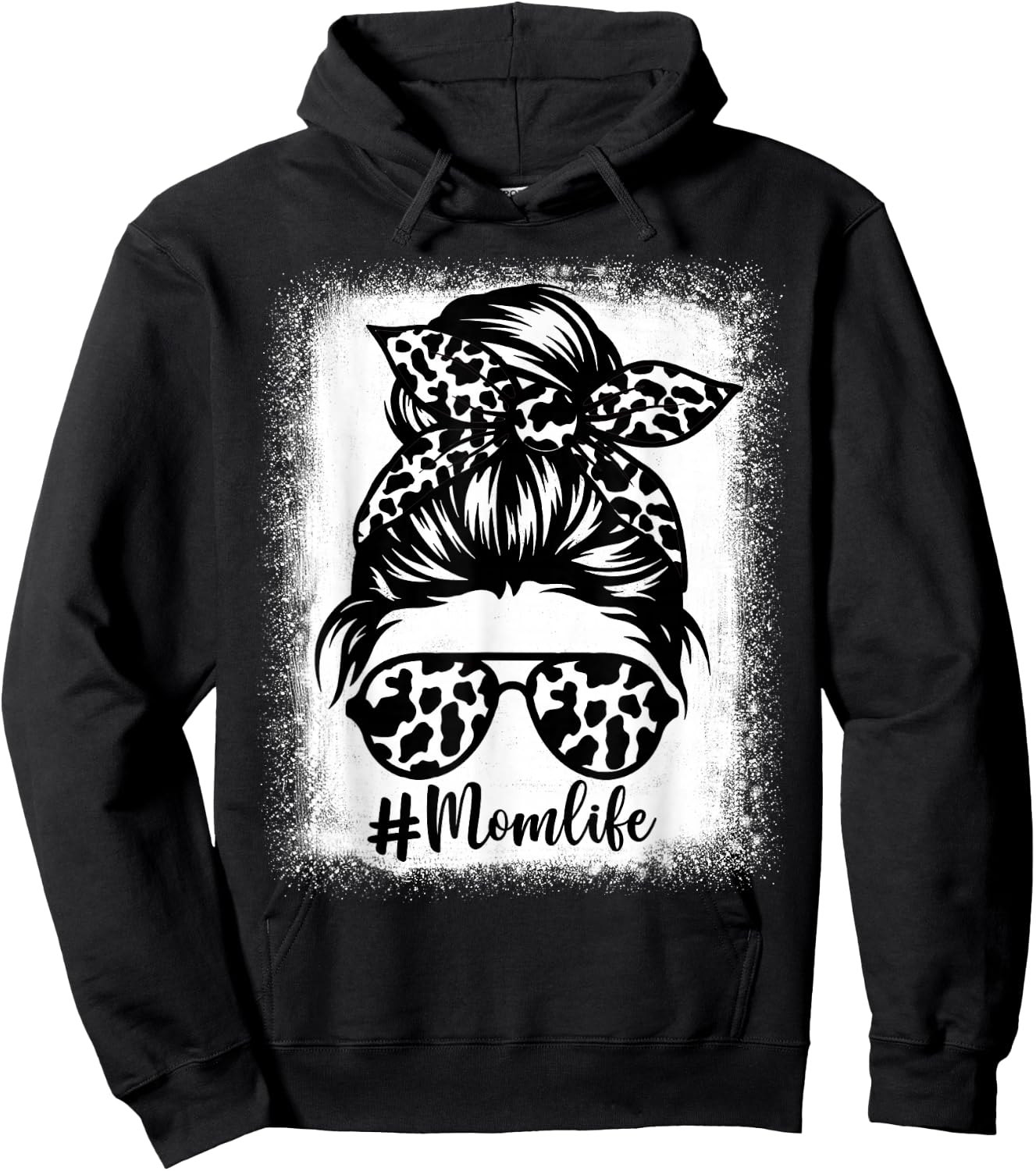 Women Mom Life Cow print Bleached, Cow Mama Heifer Messy Bun Hoodie - Hoodie | Black