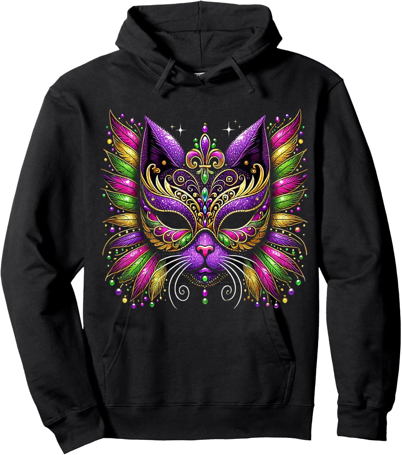 Mardi Gras Cat Mask New Orleans Women Kids Mardi Gras 2025 Hoodie - Hoodie | Black