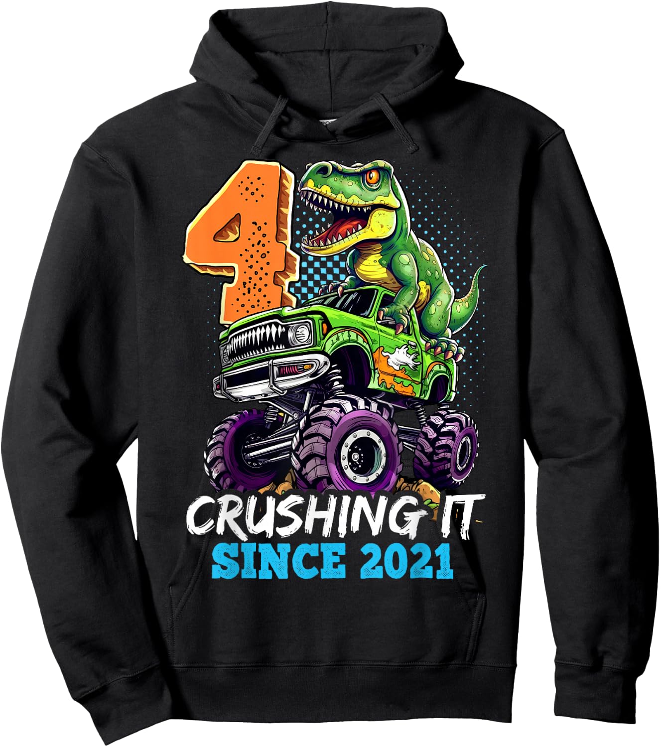 4th Birthday Monster Truck Dinosaur Party Boys Rawr I'm 4 Hoodie - Hoodie | Black