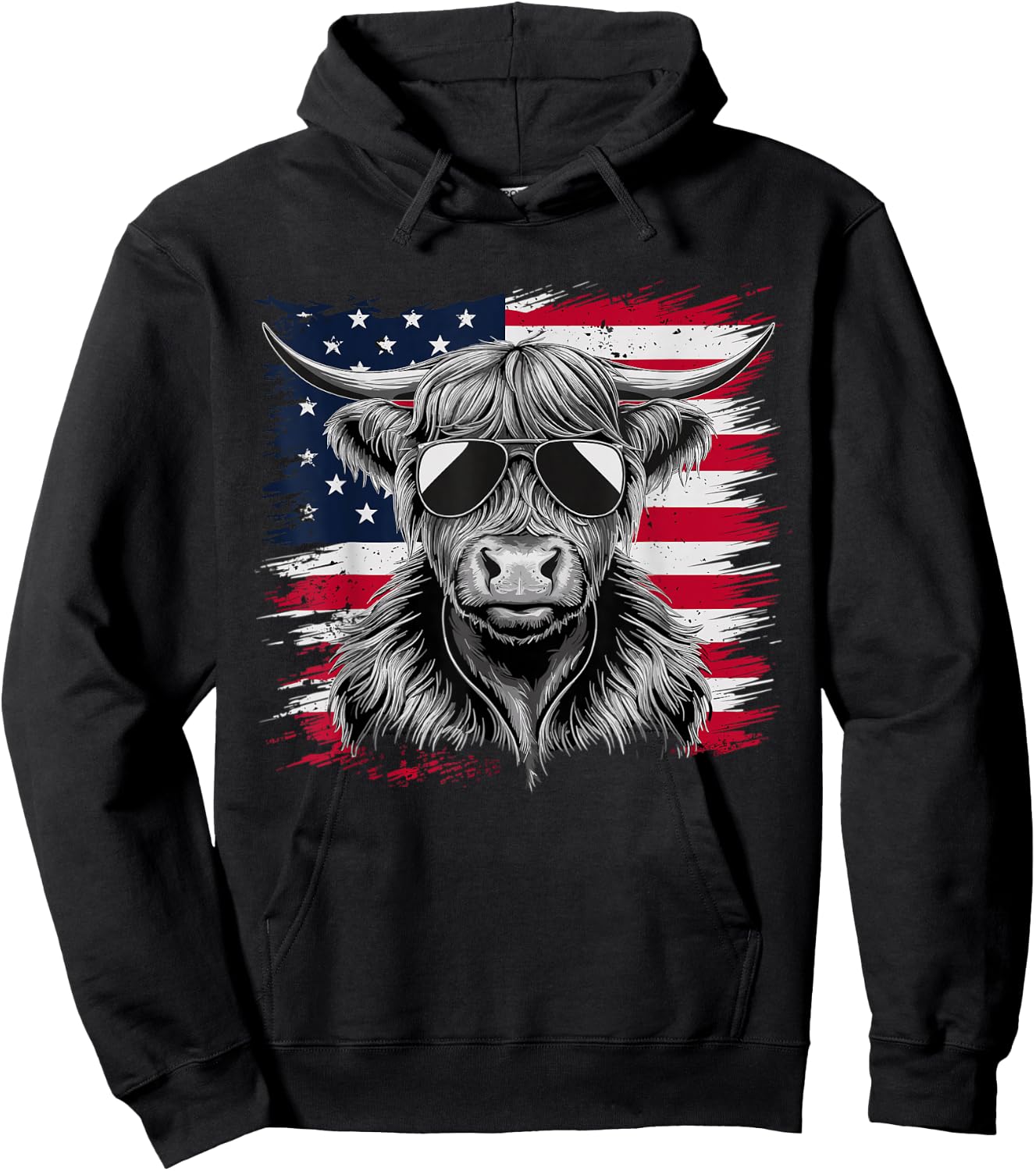 American Flag Highland Cow of July Cow Lover Hoodie - Hoodie | Black