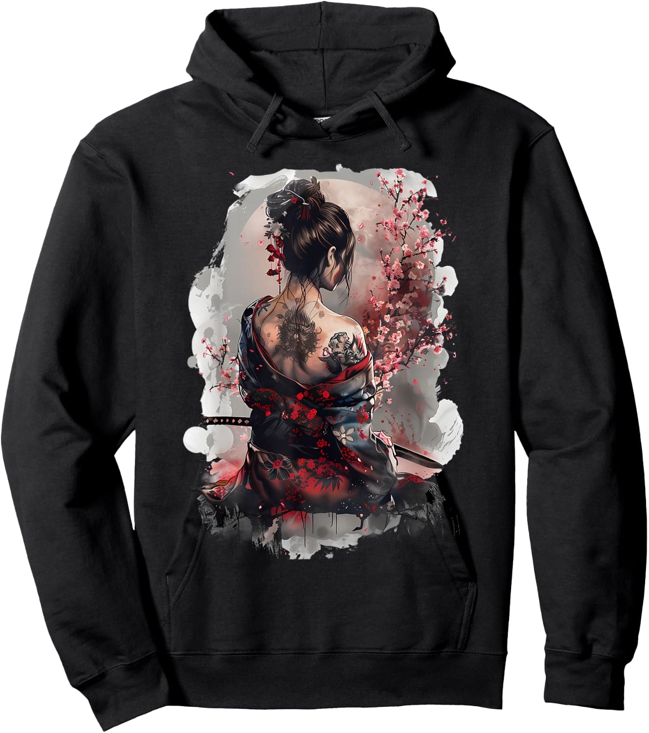 Japanese Samurai Girl Sakura Cherry Blossom Japanese Geisha , black Hoodie - Hoodie | Black