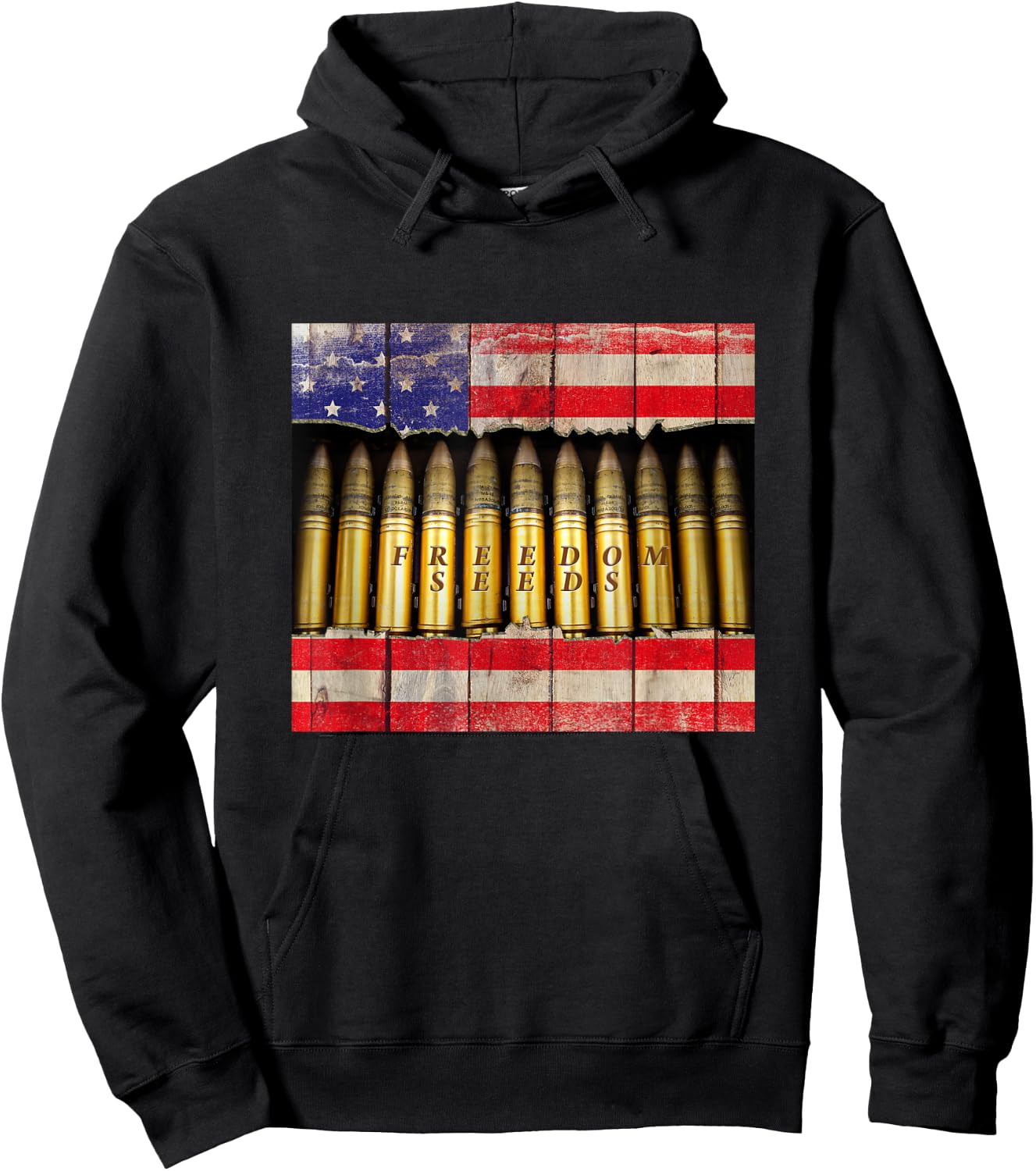 Patriotic Bullets Supply: Freedom Seeds American Flag Ammo Hoodie - Hoodie | Black