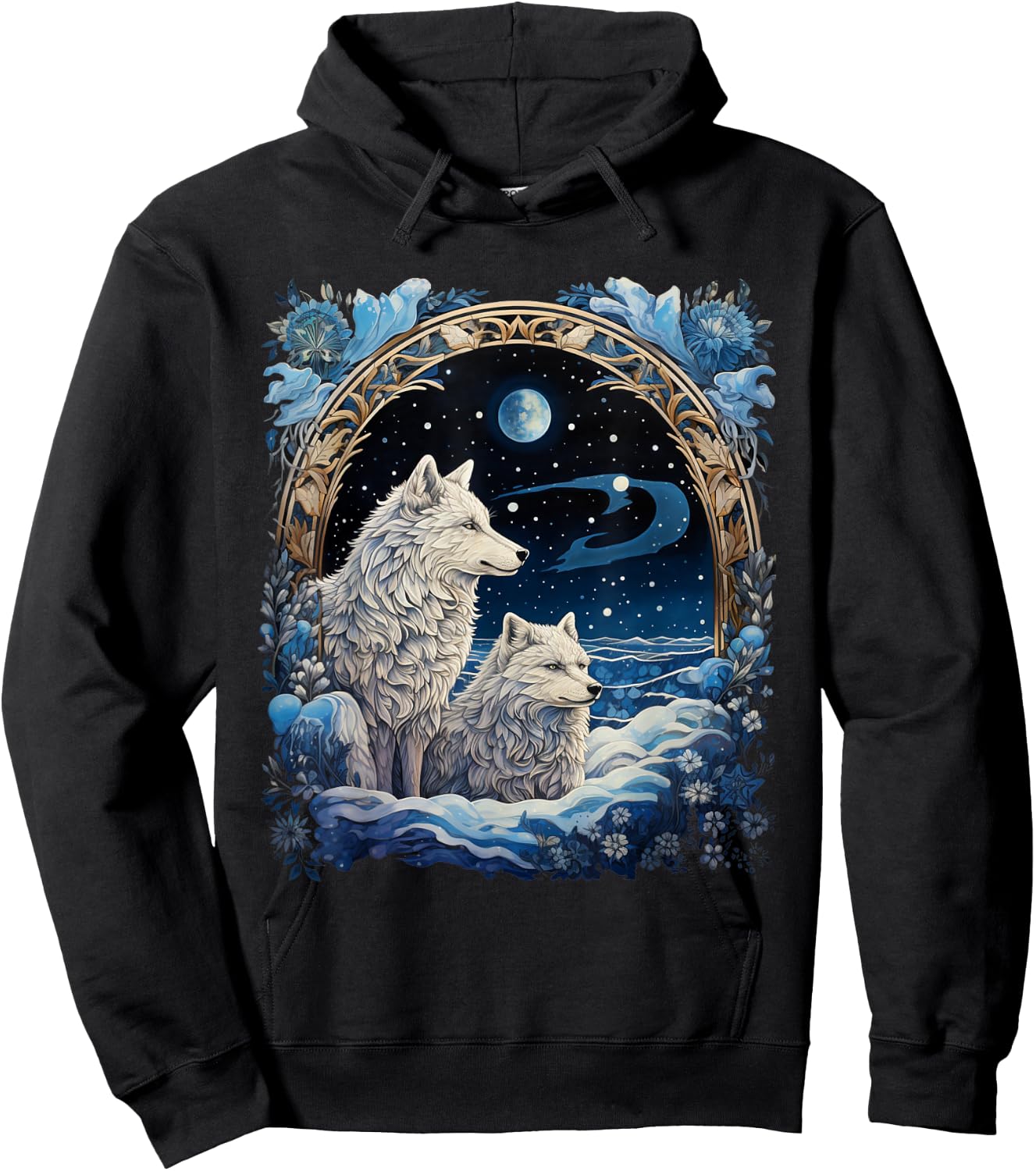 Winter Wolves Peaceful Snowscape Portrait Art Noveau Hoodie - Hoodie | Black
