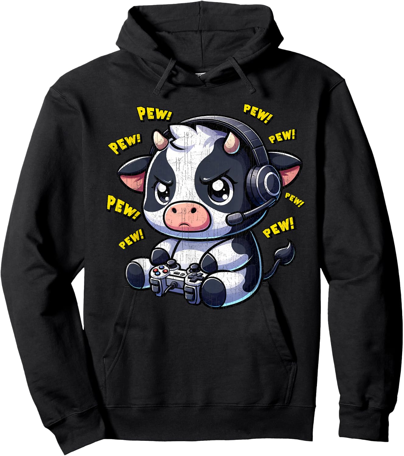 Cow Gamer Pew Funny Video Games Vintage Boys Men Girls Hoodie - Hoodie | Black