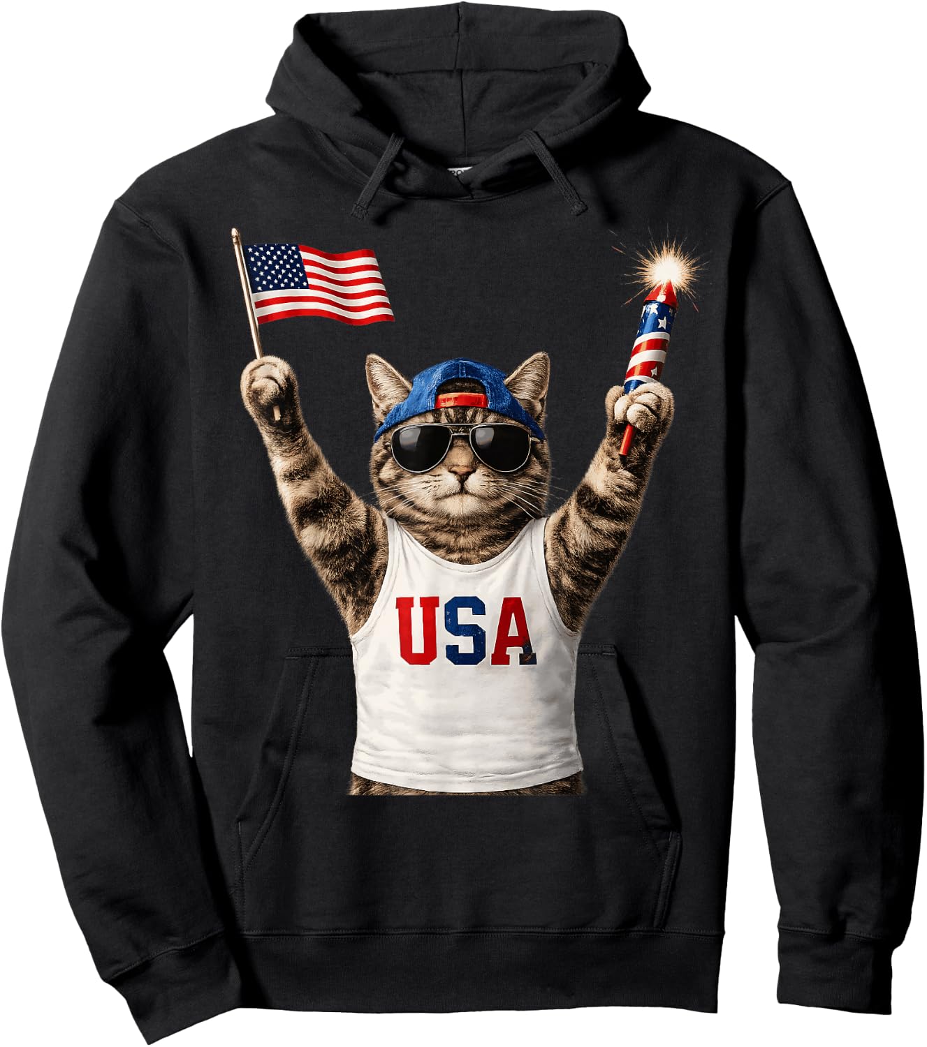 Funny Patriotic Cat USA Flag Fireworks America 250 Hoodie - Hoodie | Black