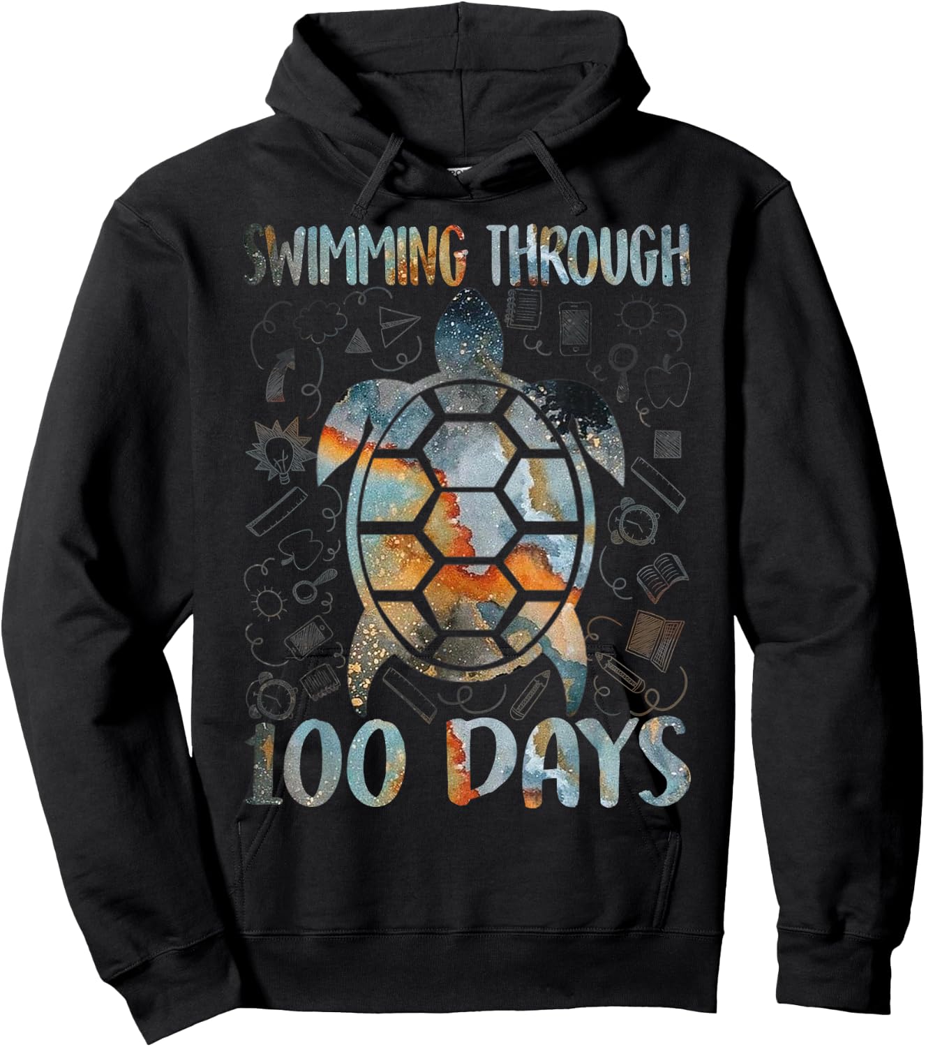 Turtle Sea Swimming Through 100 Days Of School Teacher Men Women Kids Hoodie - Hoodie | Black