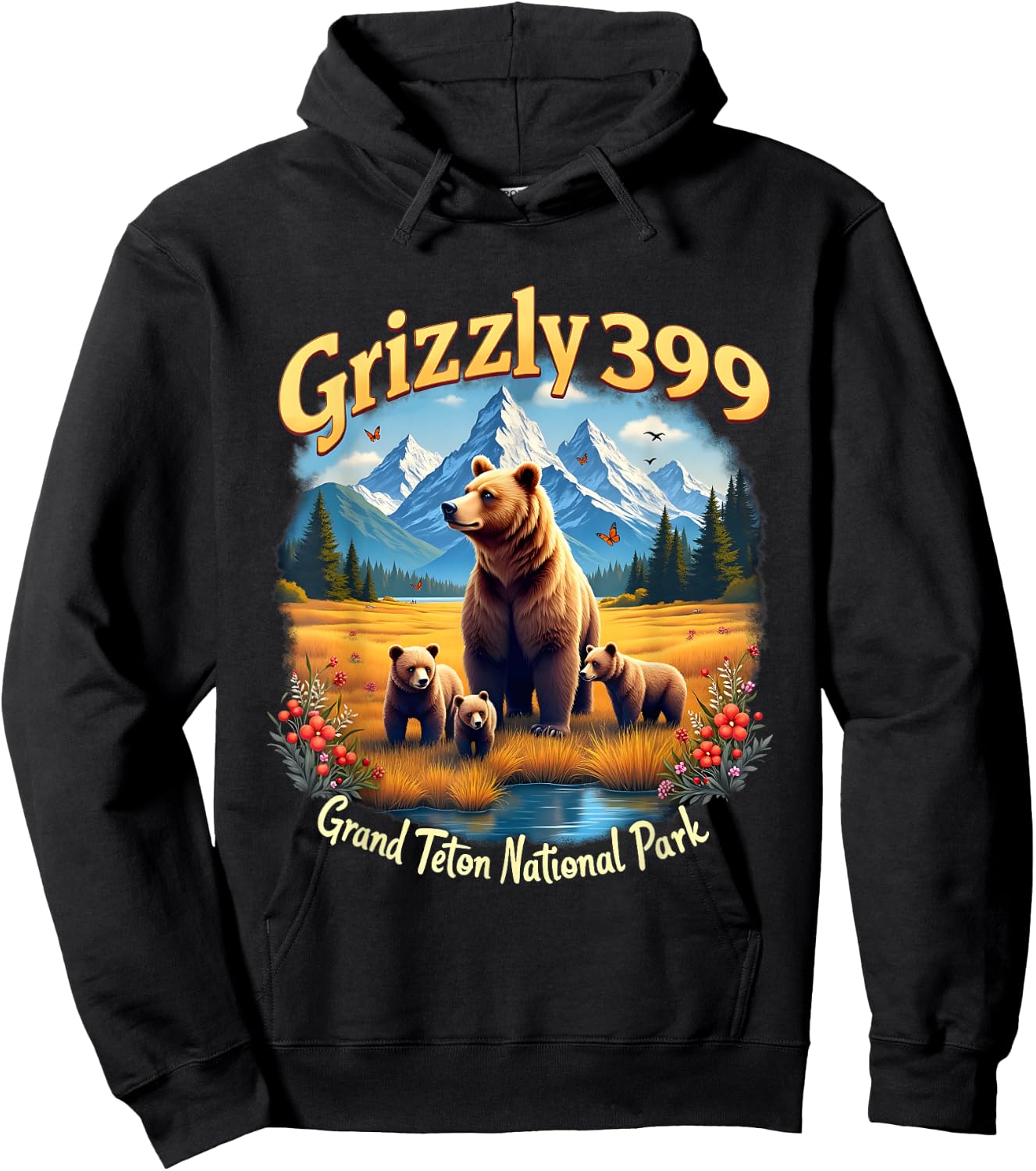Retro Bear Grizzly 399 Wild & Free Grand Teton National Park Hoodie - Hoodie | Black
