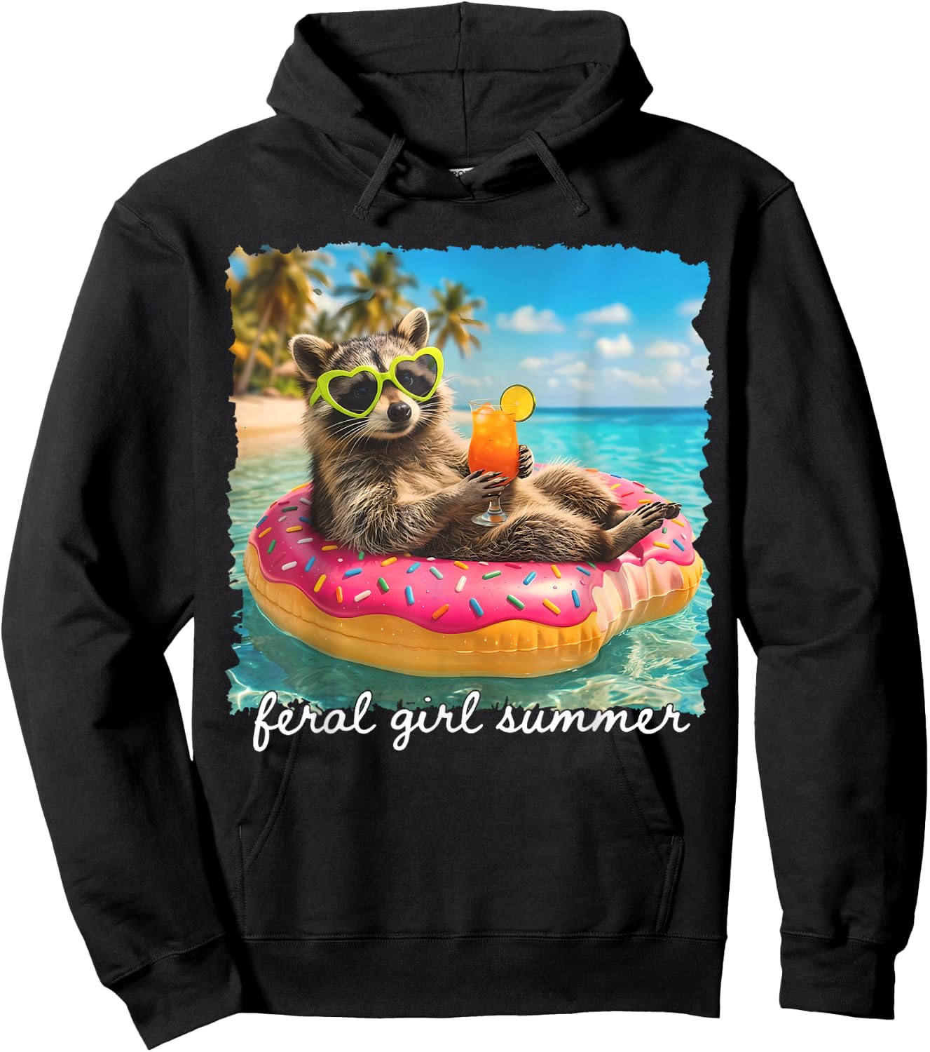 Funny Raccoon Feral Girl Summer Tropical Beach Vacation Trip Hoodie - Hoodie | Black
