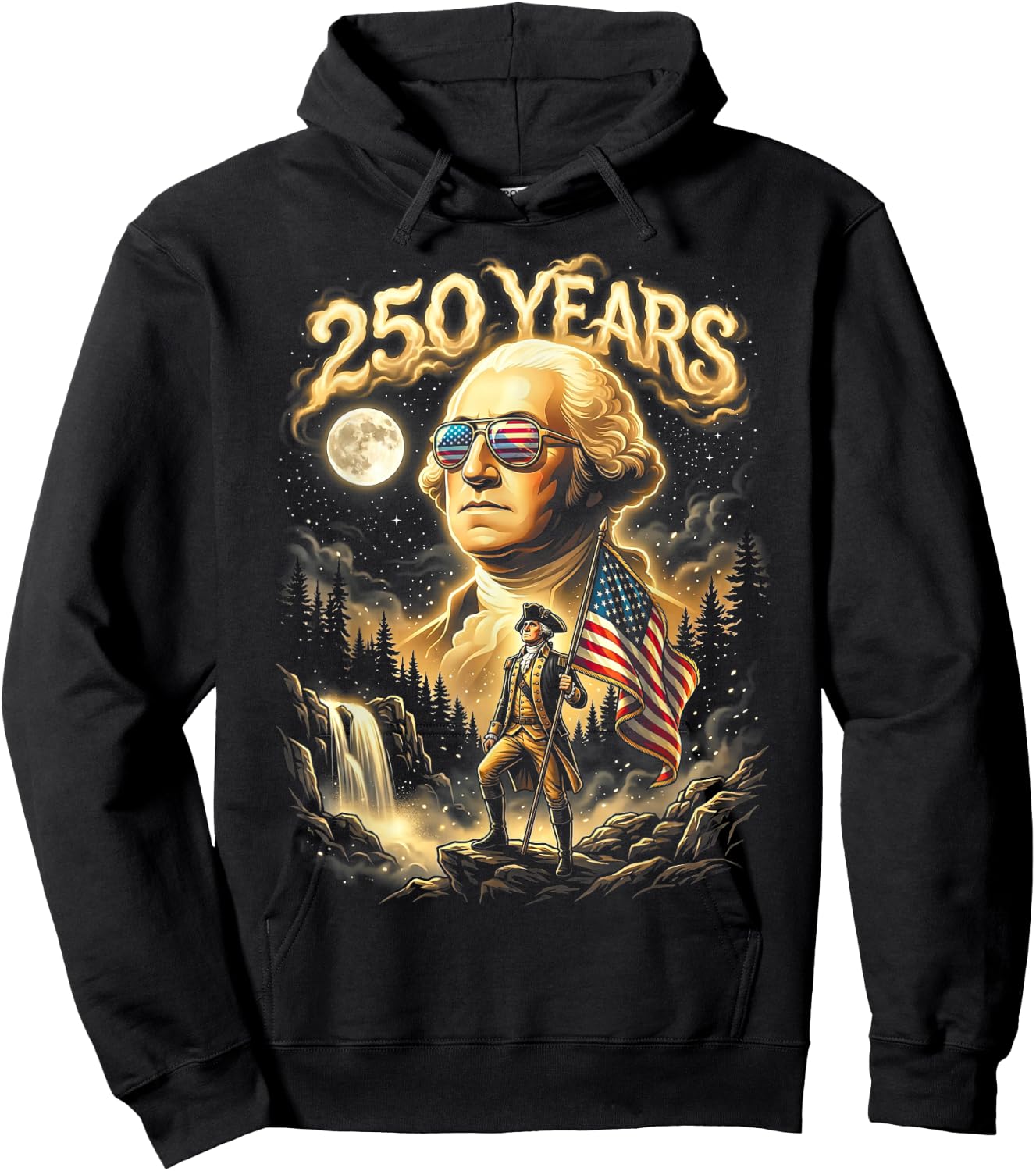 250 Years George Washington Howling Moon American Flag Hoodie - Hoodie | Black