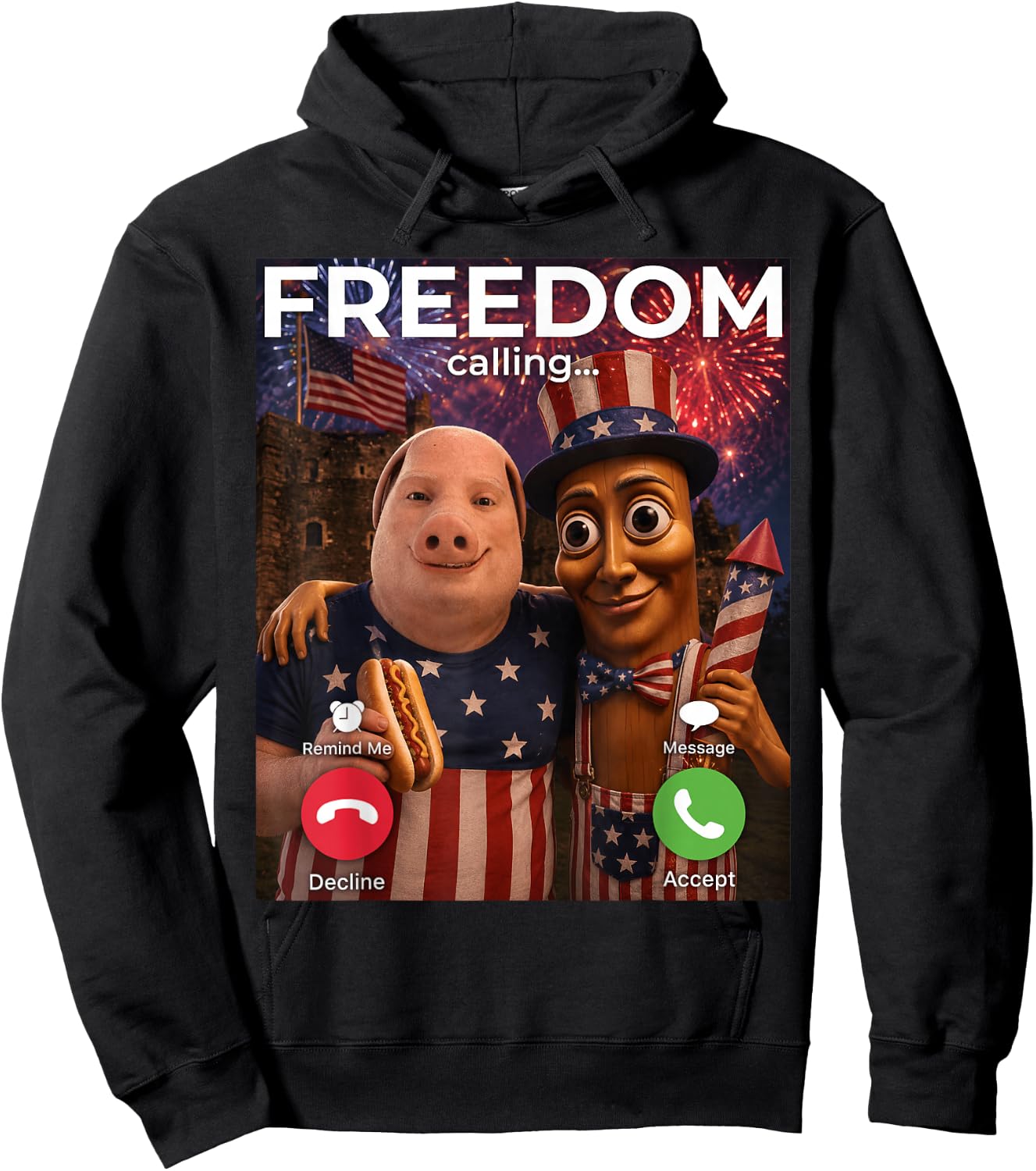John Pork Tung Sahur Freedom Calling Meme Fireworks July 4th Hoodie - Hoodie | Black