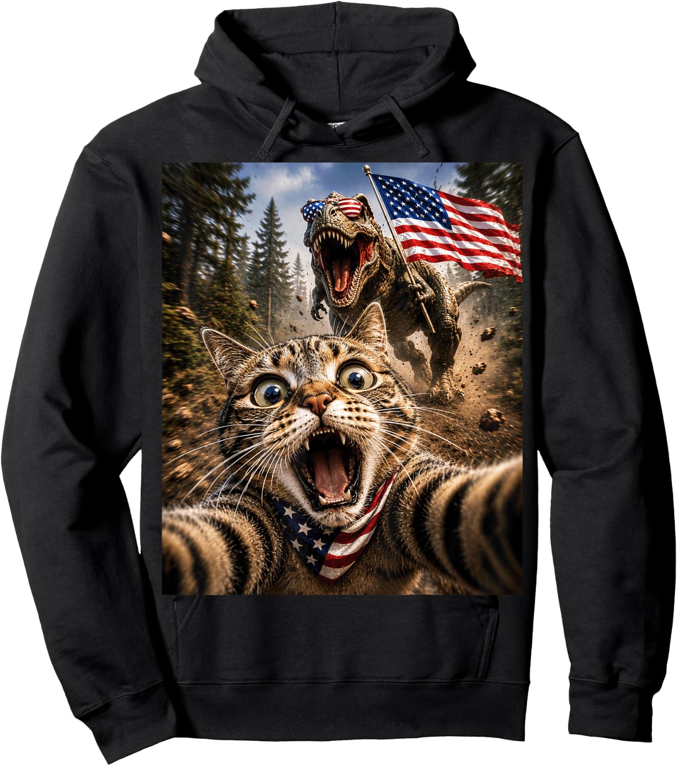 Patriotic TRex Cat Dinosaur Fourth of July Funny 4th of July Hoodie - Hoodie | Black