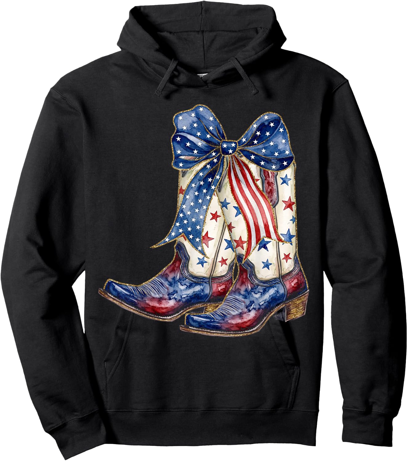 Retro Western Cowboy Boots Cowgirl American Flag 4th of July Hoodie - Hoodie | Black