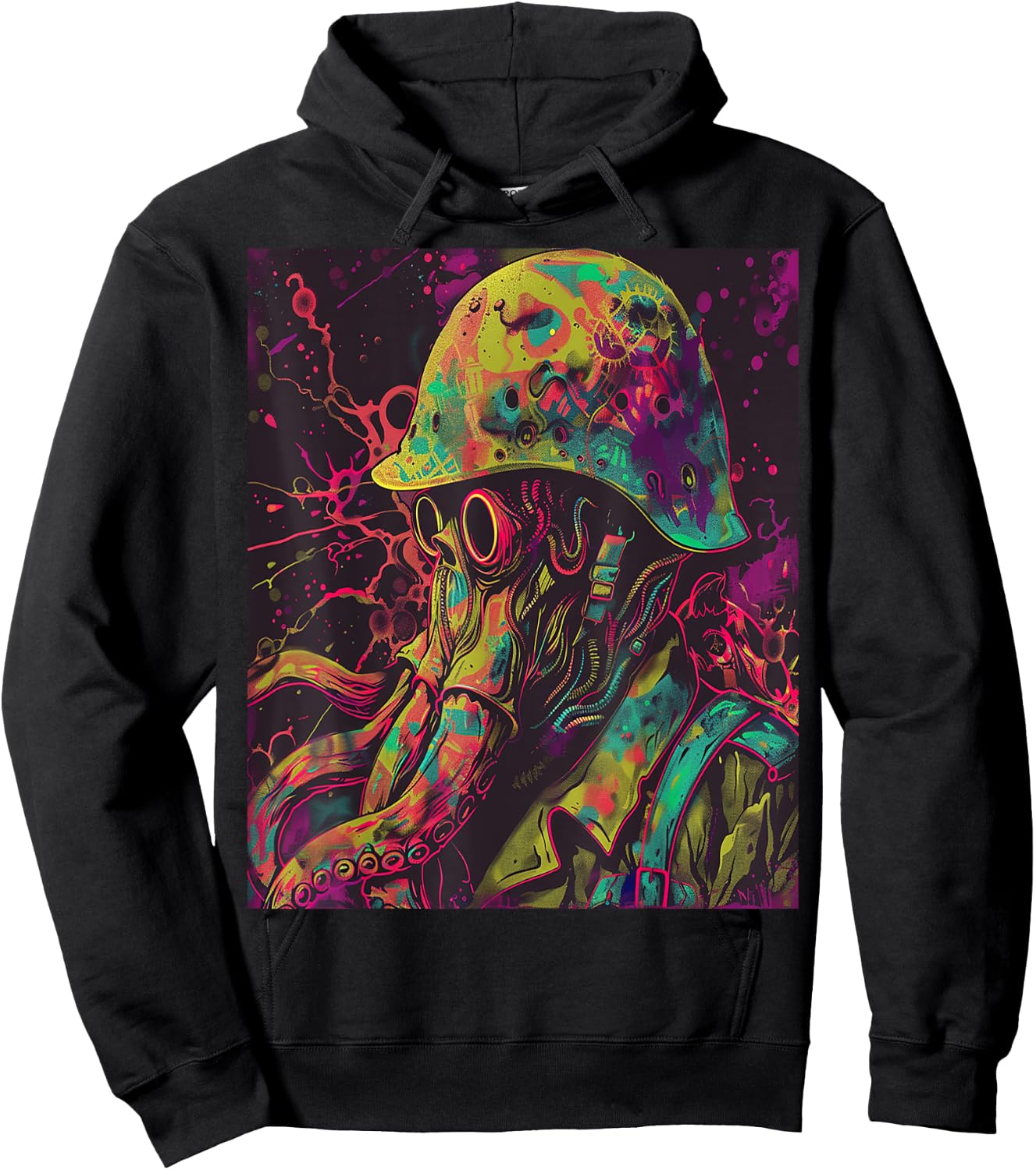 Cthulhu Psychedelic Soldier Wearing Helmet Colorful Art Hoodie - Hoodie | Black
