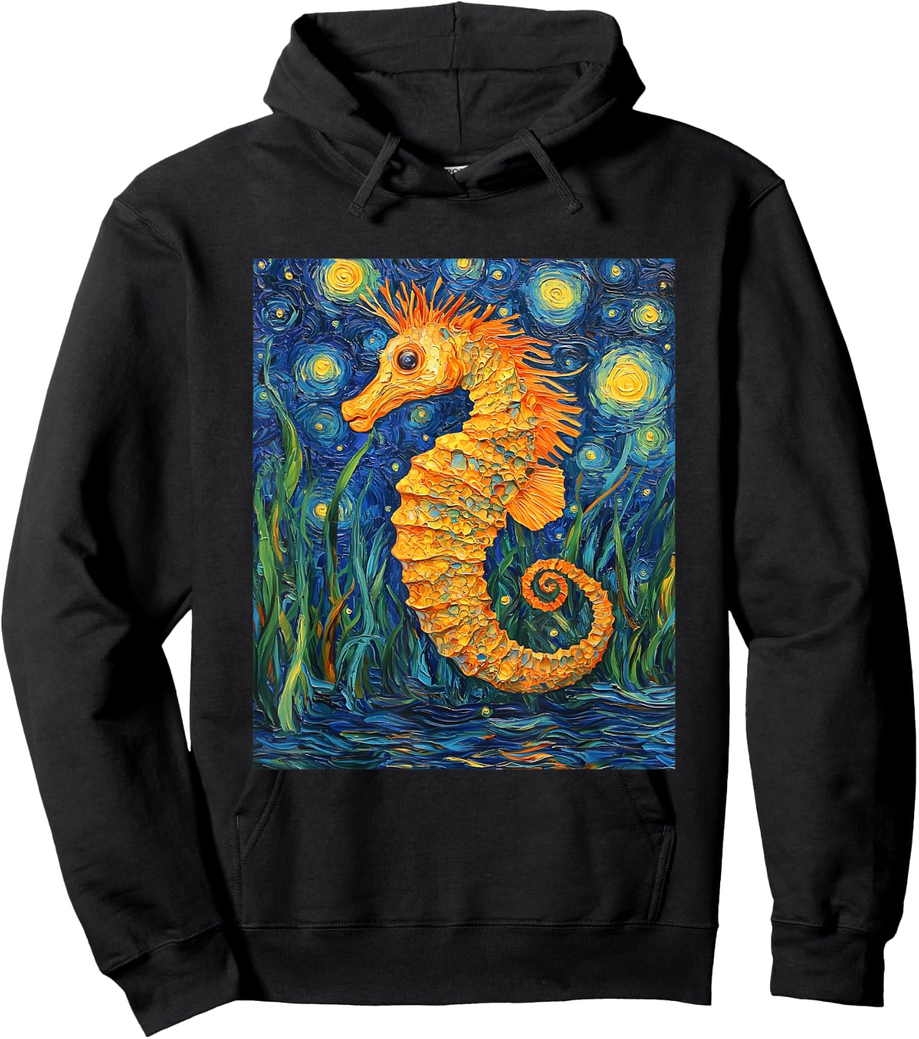 Cute Seahorse - Van Gogh Style - Starry Night Graphic Hoodie - Hoodie | Black