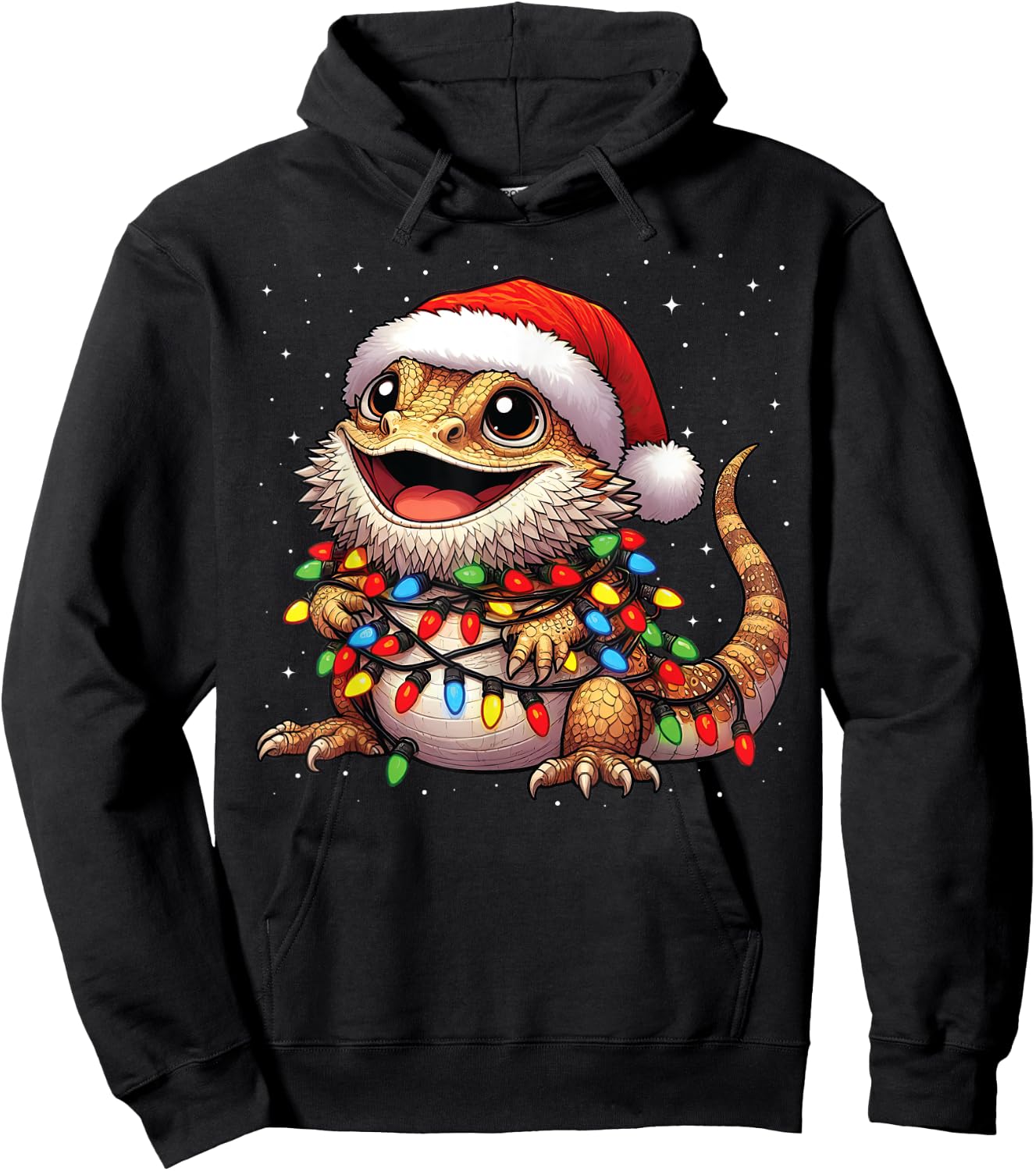 Bearded Dragon Christmas Lights Santa Hat Xmas Snow Hoodie - Hoodie | Black
