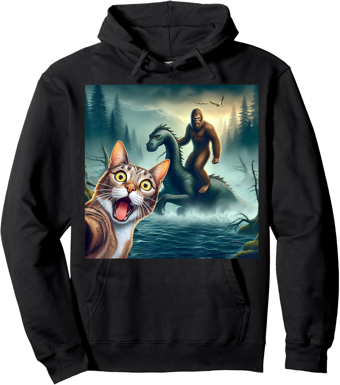 Cat Selfie bigfoot riding loch Ness monster surprised cat Women Kids Hoodie - Hoodie | Black