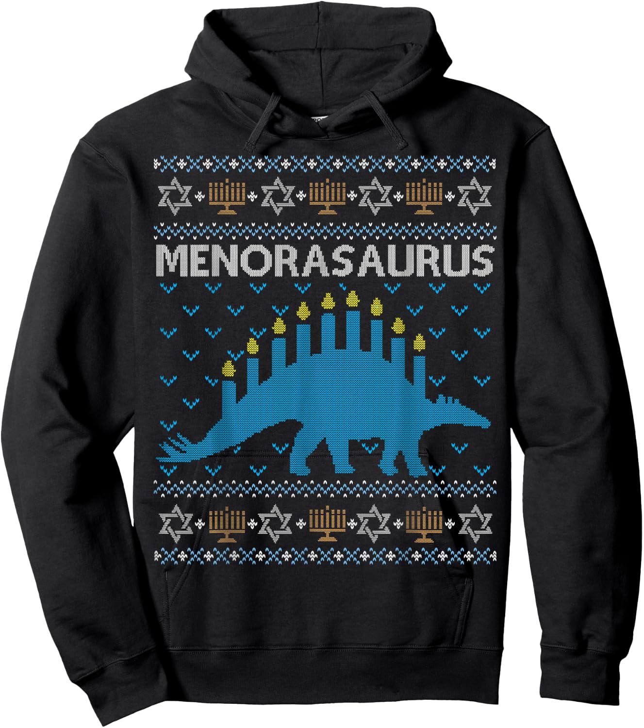 Funny Ugly Hanukkah Sweater Shirt Dinosaur Menorasaurus Gift Hoodie - Hoodie | Black