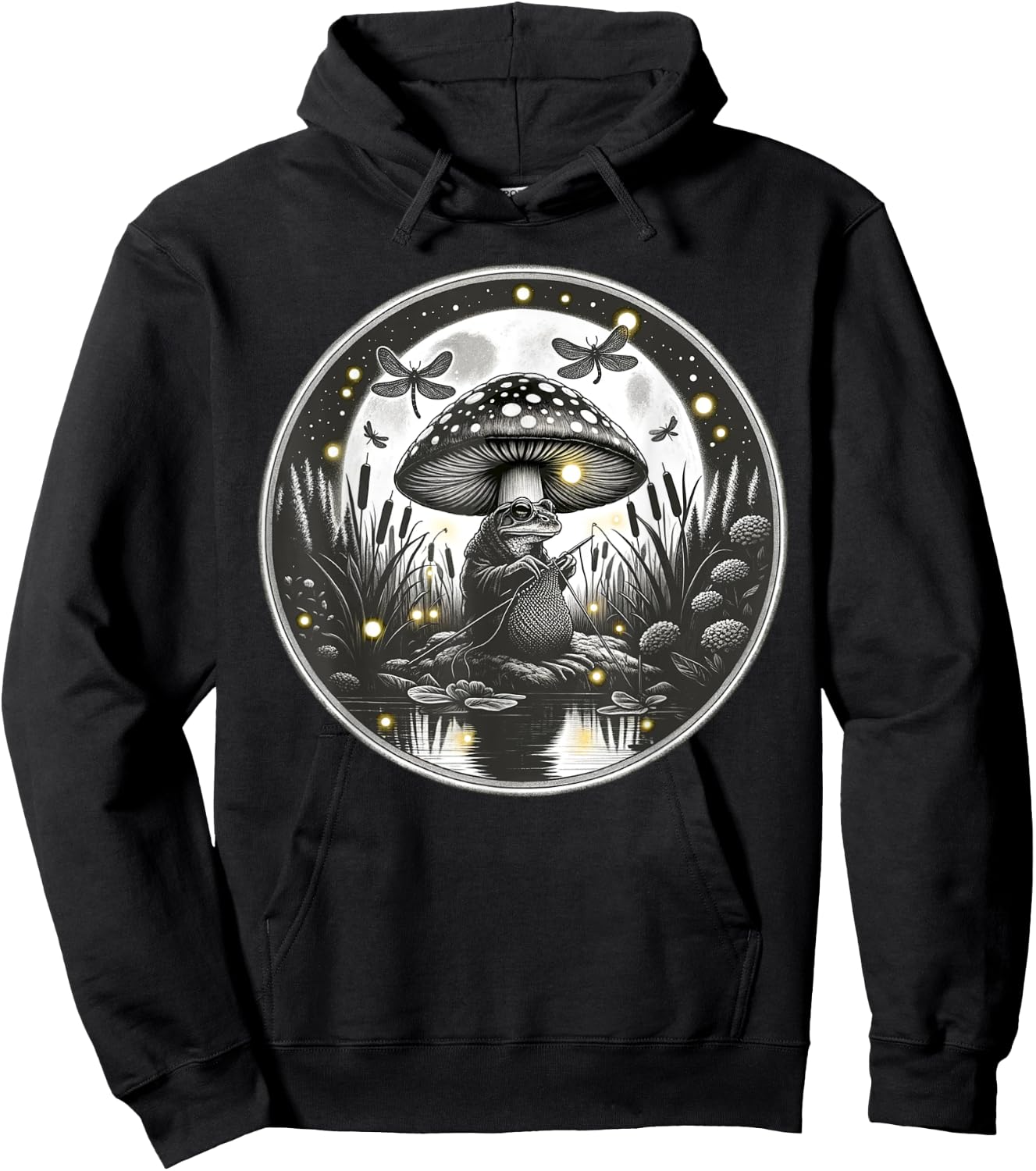 Frog Knitting Under Mushroom Cap Nature Crochet Hoodie - Hoodie | Black
