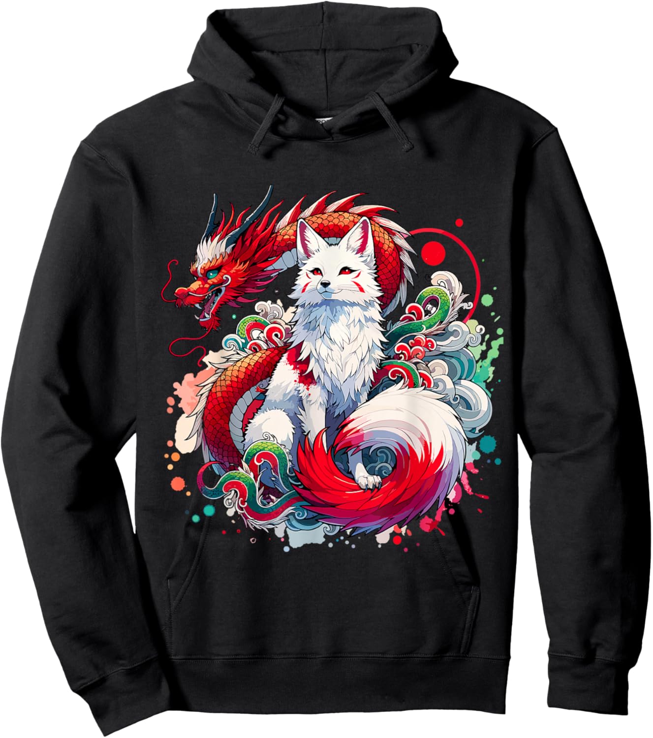 Dragon Kitsune Japanese Fox Nine-Tailed , Black, S Hoodie - Hoodie | Black