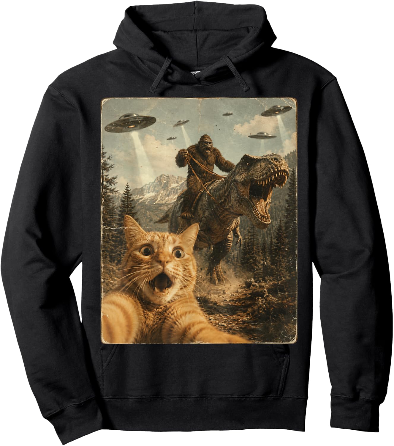 Funny Cat Selfie UFO Alien Chase Bigfoot Riding T-Rex Kid Hoodie - Hoodie | Black