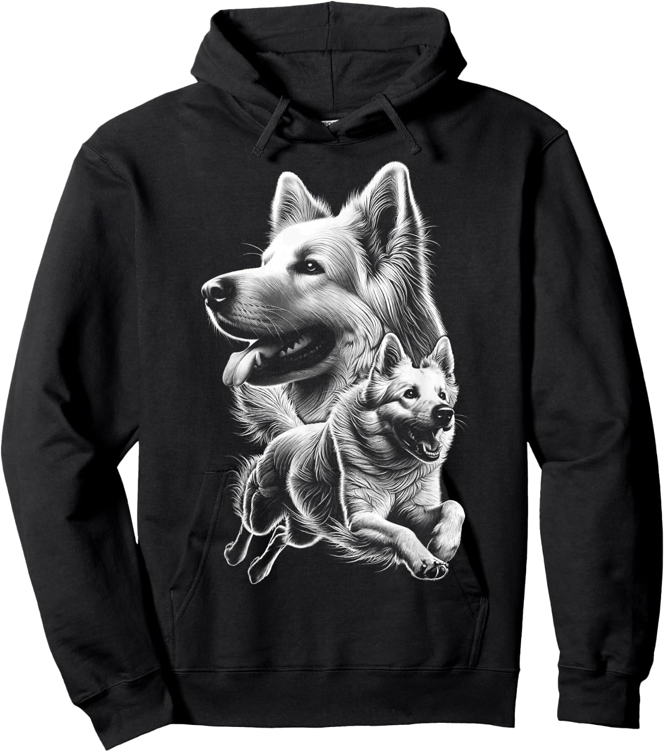 Cheerful White Shepherd Dog Fine Drawn Picture , black Hoodie - Hoodie | Black